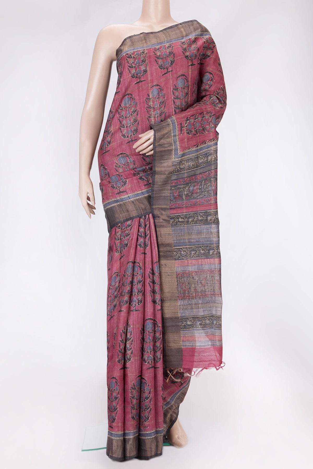 Pink Dual Tone Tussar Silk Saree with Printed design on the body and Zari Border.  displayed on a mannequin
