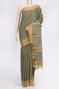 Mehandi Green Dual Tone Tussar Silk Saree with Printed design on the body and Zari Border.  displayed on a mannequin
