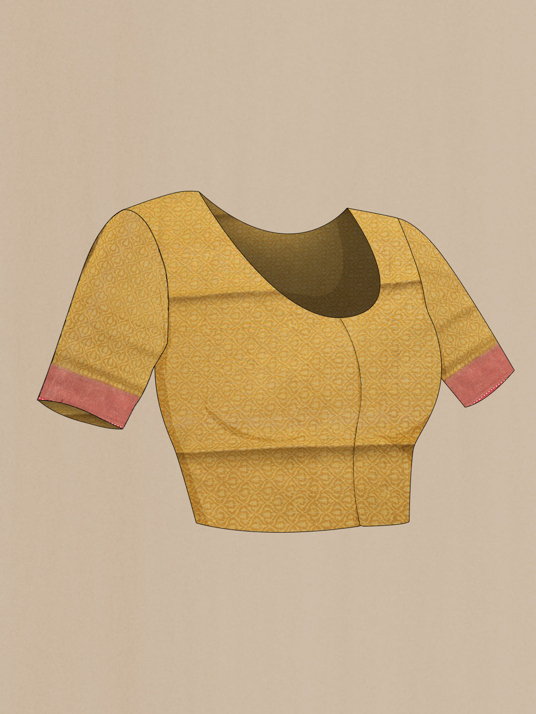 Close up image of the blouse of Mustard Dual Tone Tussar Silk Saree with Printed design on the body and Zari And Thread Border. 