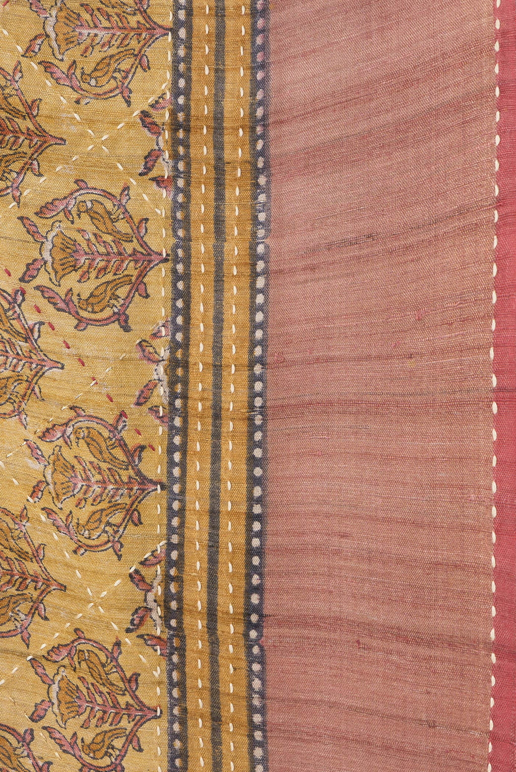 Border image of Mustard Dual Tone Tussar Silk Saree with Printed design on the body and Zari And Thread Border. 