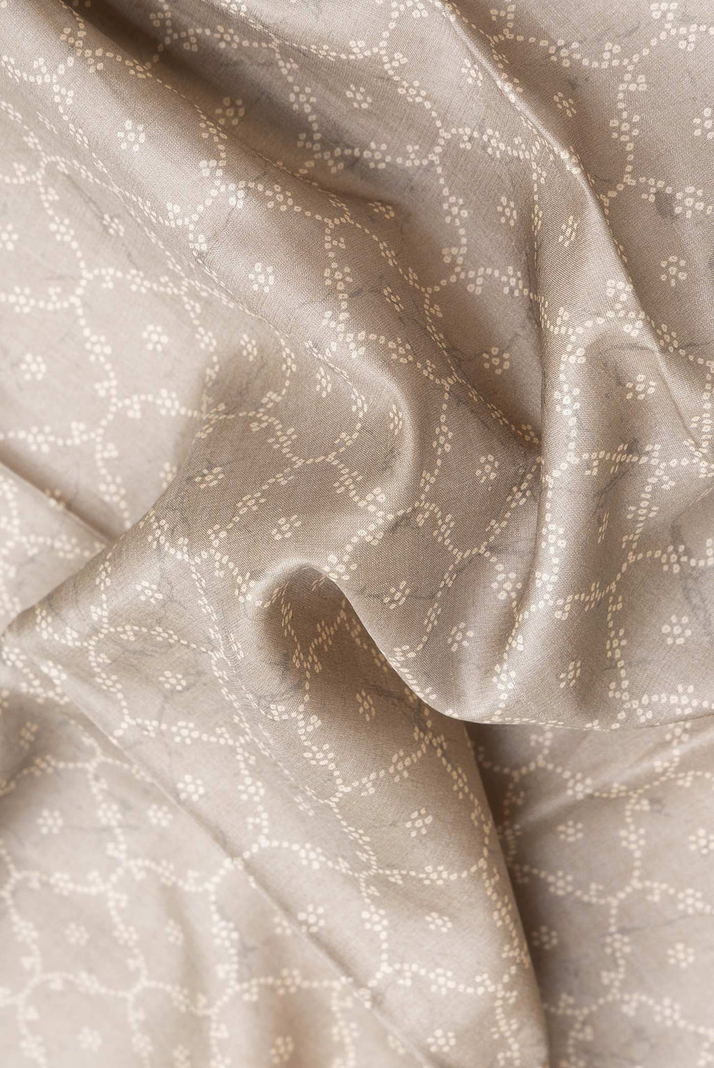 Close up of Brown Dual Tone Tussar Silk Saree with Printed design on the body and Printed Border.  displaying folds