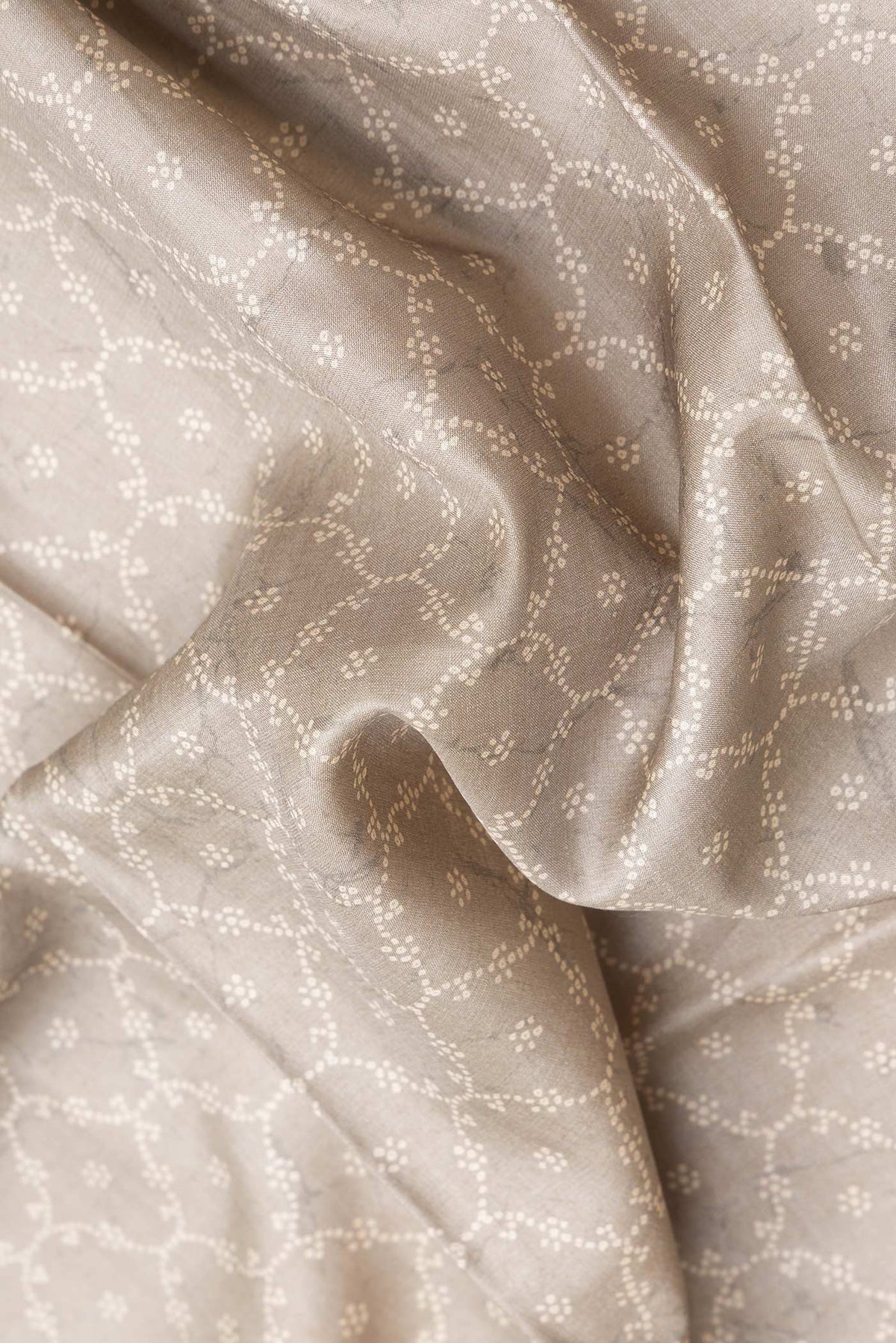 Close up of Brown Dual Tone Tussar Silk Saree with Printed design on the body and Printed Border.  displaying folds