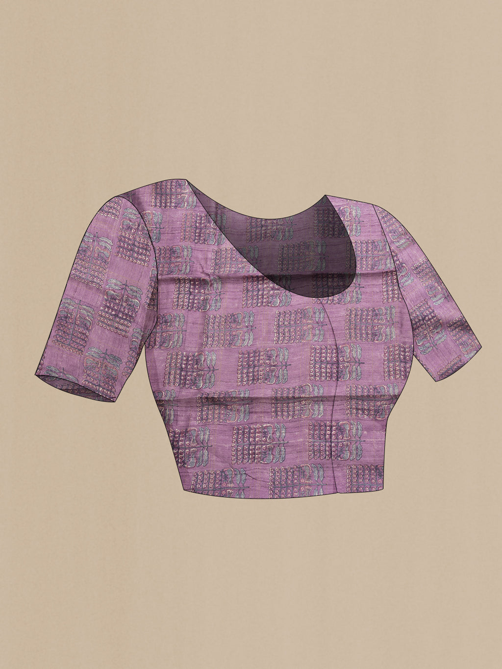 Close up image of the blouse of Grey Dual Tone Tussar Silk Saree with Printed design on the body and Printed Border. 