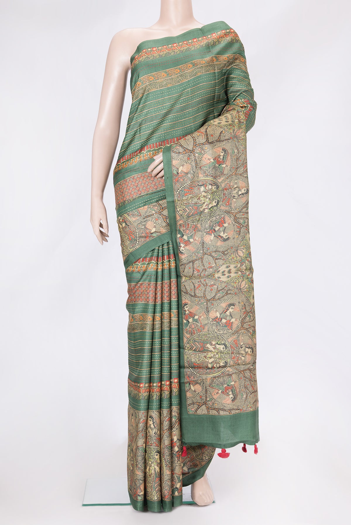 Green Dual Tone Tussar Silk Saree with Stripes on the body and Fancy Border.  displayed on a mannequin