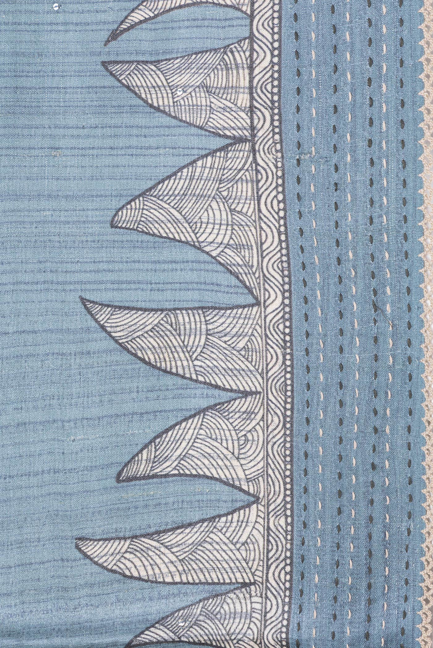 Border image of Grey Dual Tone Tussar Silk Saree with Printed design on the body and Embroidery Border. 