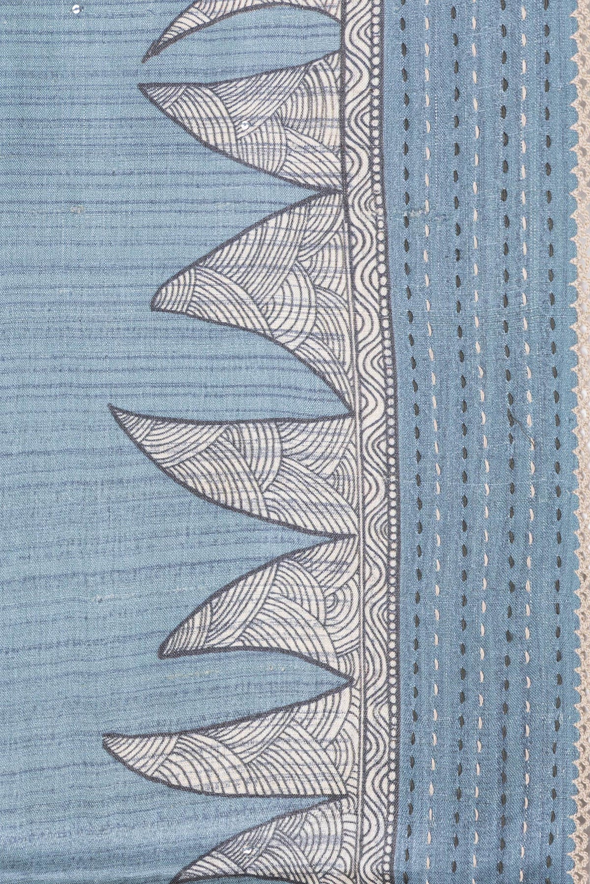 Border image of Grey Dual Tone Tussar Silk Saree with Printed design on the body and Embroidery Border. 