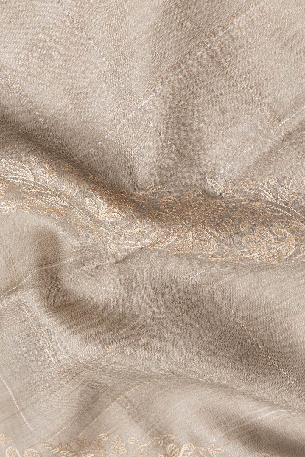 Close up of Beige Dual Tone Tussar Silk Saree with Embroidery on the body and Embroidery Border.  displaying folds