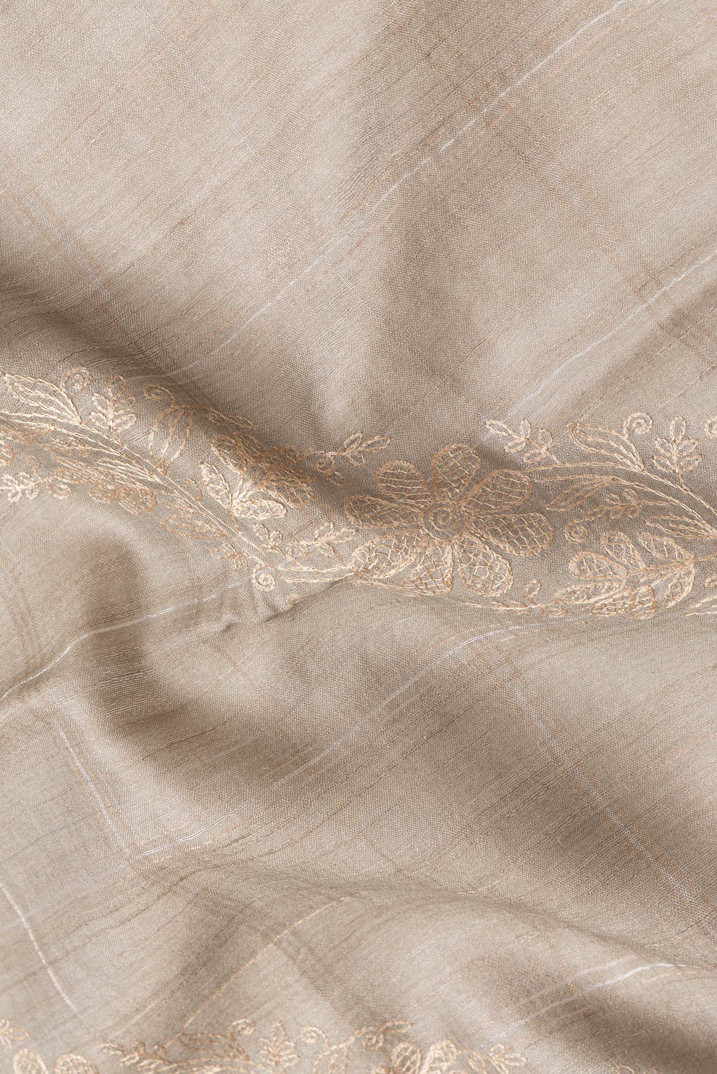 Close up of Beige Dual Tone Tussar Silk Saree with Embroidery on the body and Embroidery Border.  displaying folds