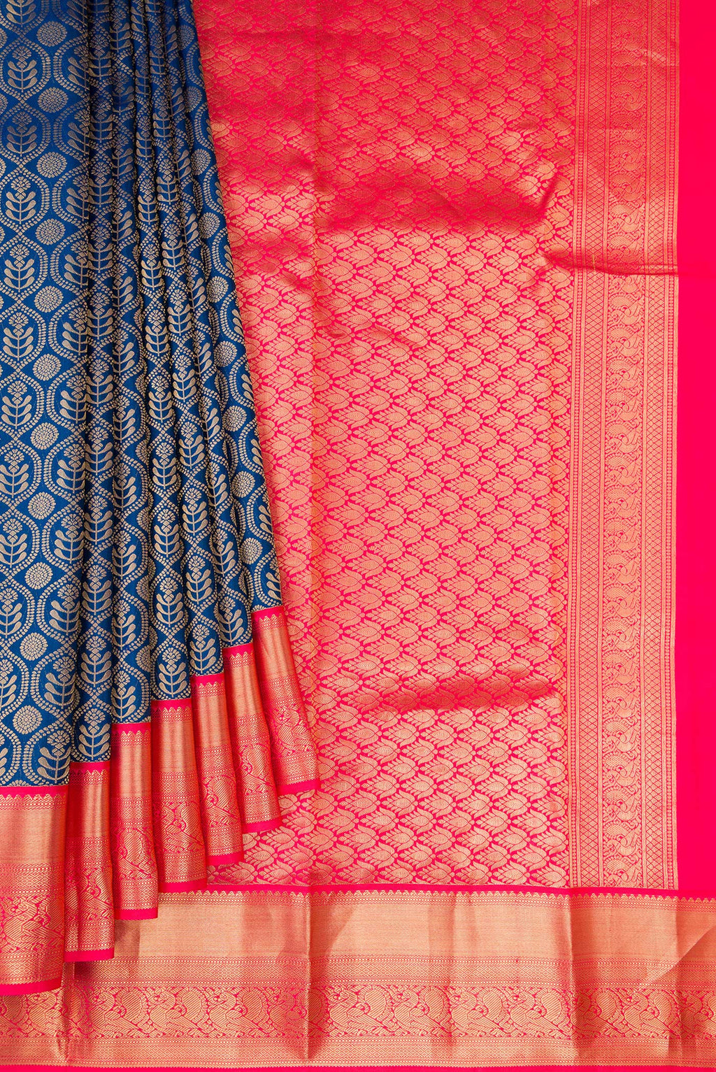 Pleats and pallu of Peacock Blue Kanjivaram Silk Saree with Zari Brocade on the body and Zari Border. 