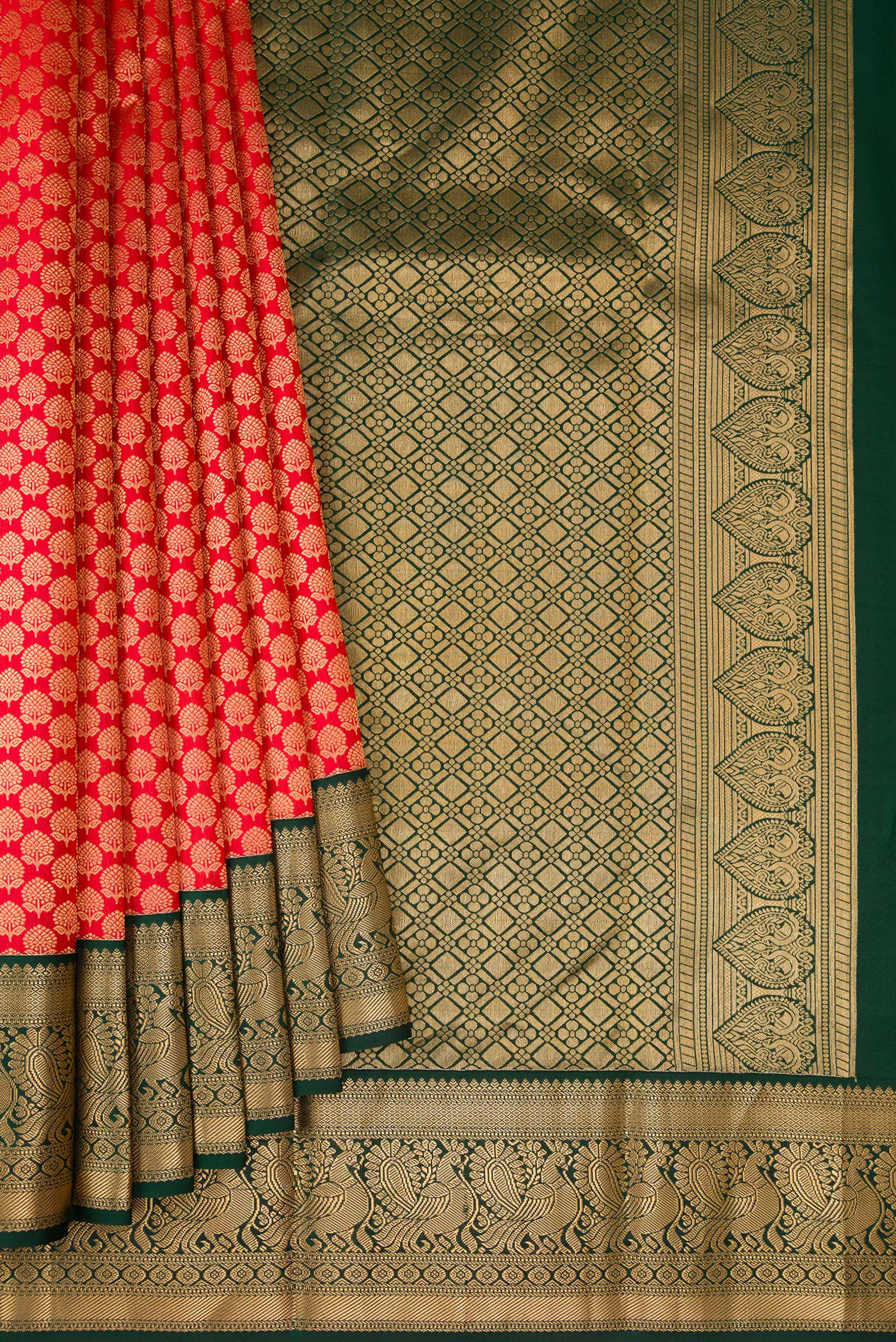 Pleats and pallu of Red Kanjivaram Silk Saree with Zari Brocade on the body and Zari Border. 