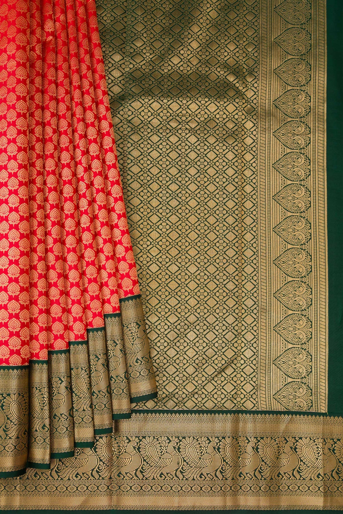 Pleats and pallu of Red Kanjivaram Silk Saree with Zari Brocade on the body and Zari Border. 