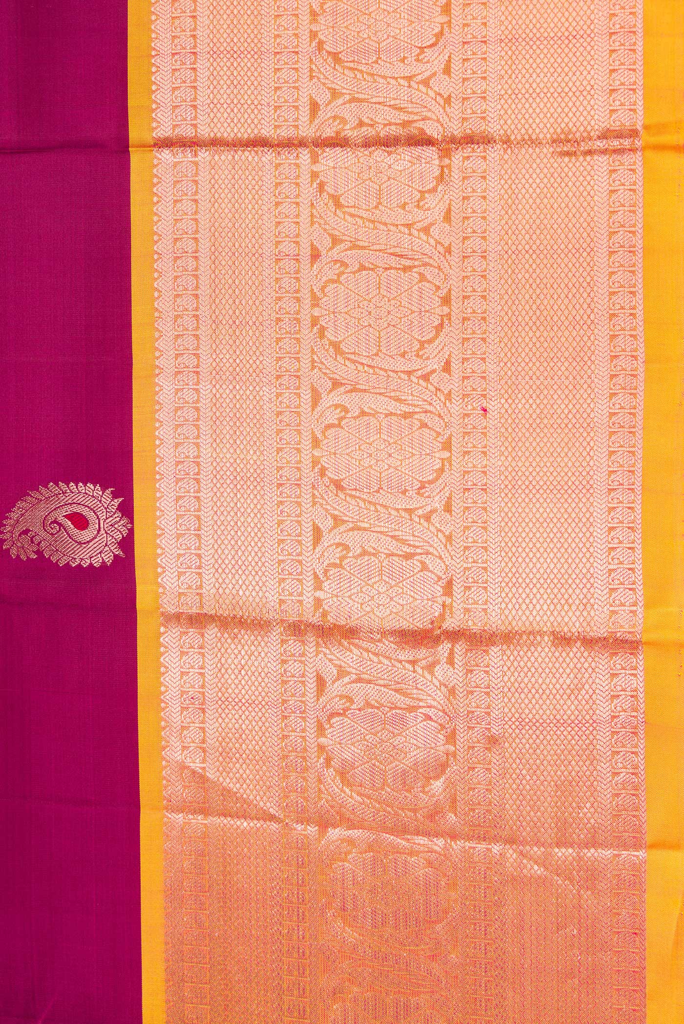Border image of Maroon Dual Tone Kanjivaram Silk Saree with Zari And Thread Butta on the body and Zari Border. 