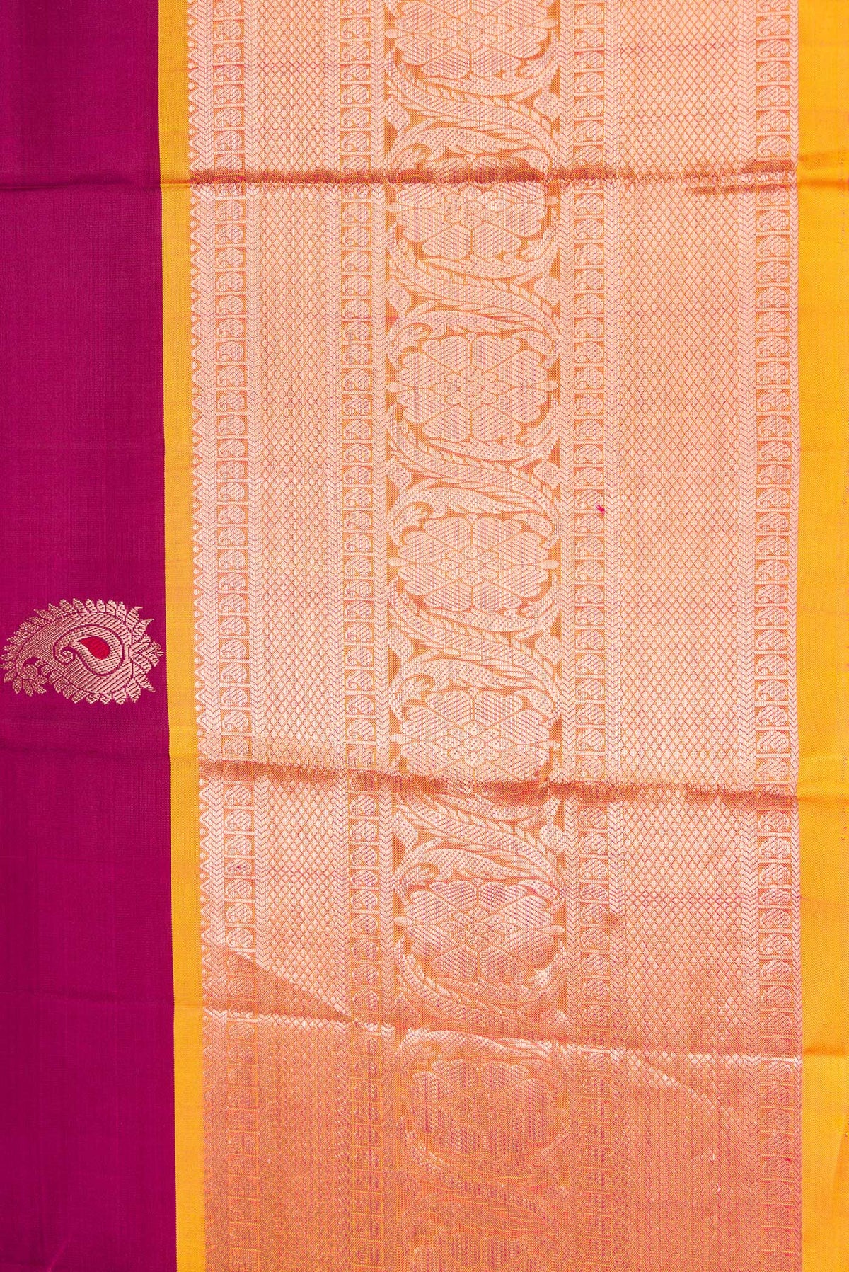Border image of Maroon Dual Tone Kanjivaram Silk Saree with Zari And Thread Butta on the body and Zari Border. 