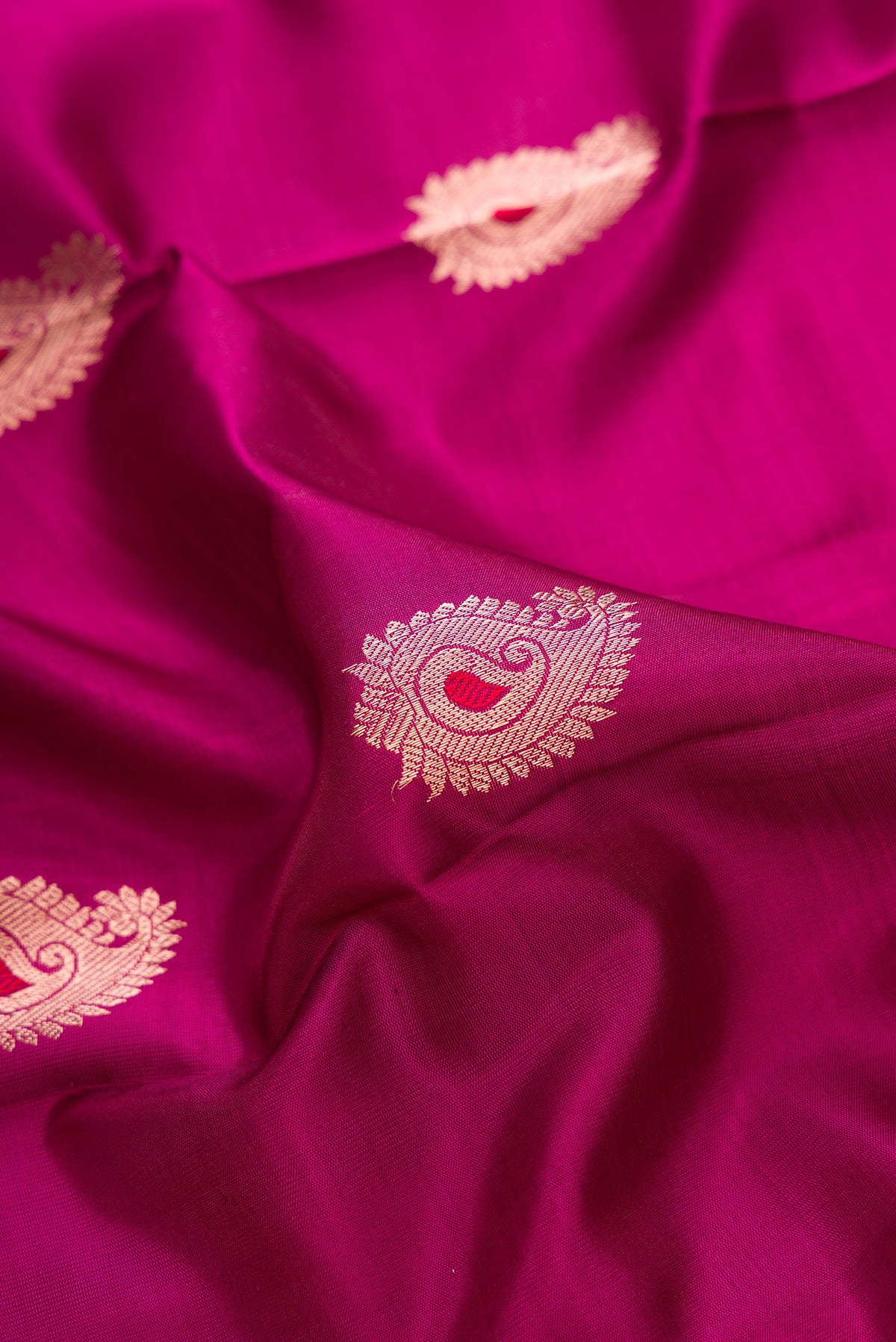 Close up of Maroon Dual Tone Kanjivaram Silk Saree with Zari And Thread Butta on the body and Zari Border.  displaying folds