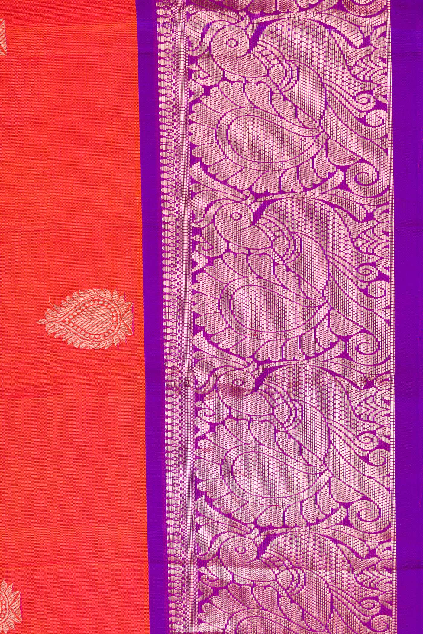 Border image of Orange Dual Tone Kanjivaram Silk Saree with Zari Butta on the body and Zari Border. 