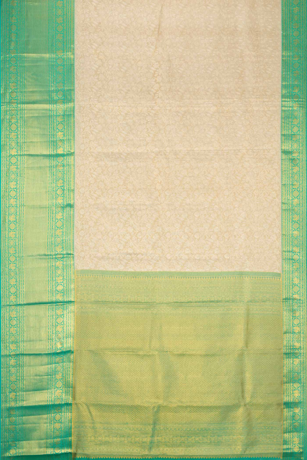 Flat view of Beige Dual Tone Kanchipuram Tissue Silk Saree with Zari Brocade on the body and Zari Border. 
