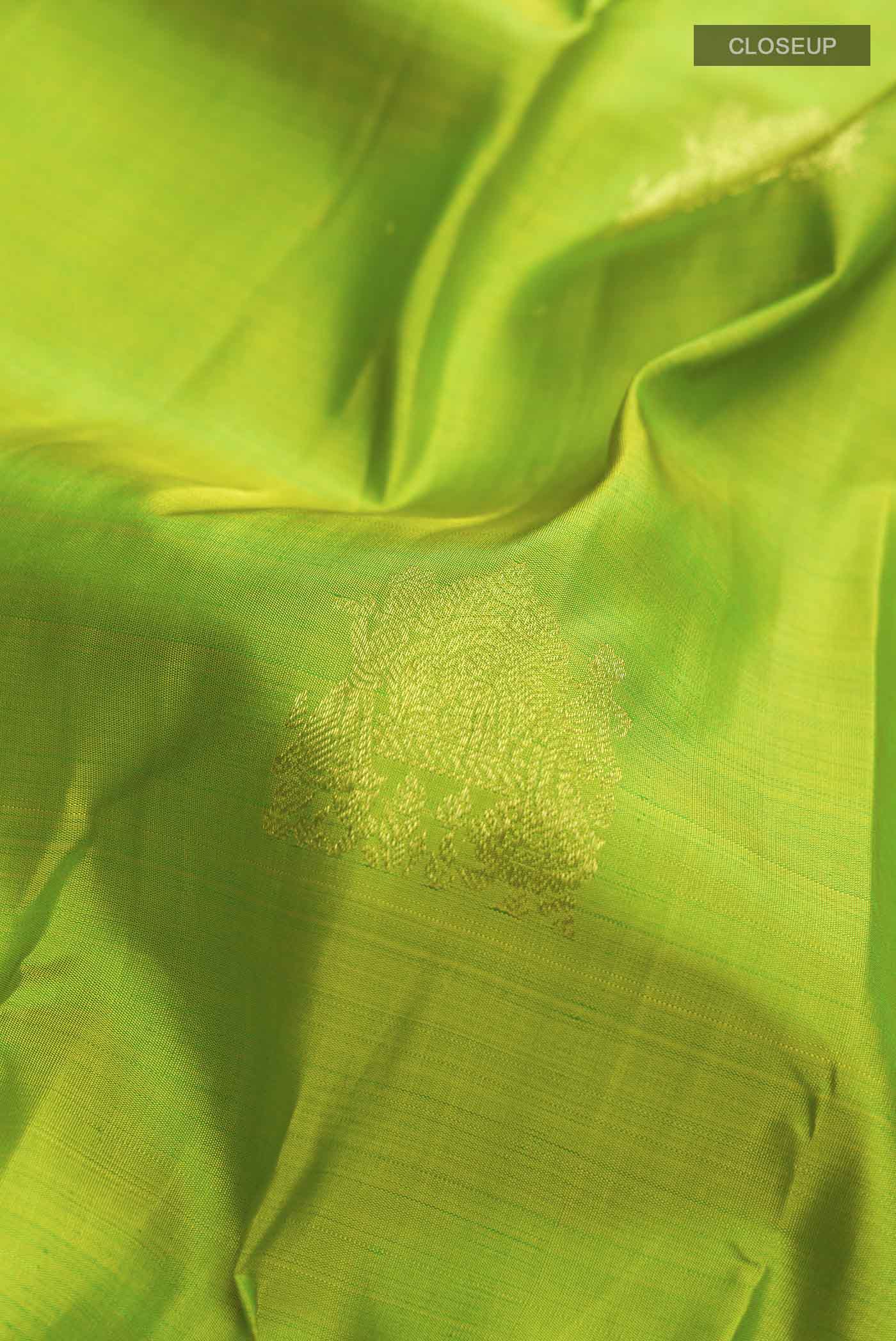 Close up of Green Kanchipuram Silk Saree with Zari Butta on the body and Zari Border displaying folds