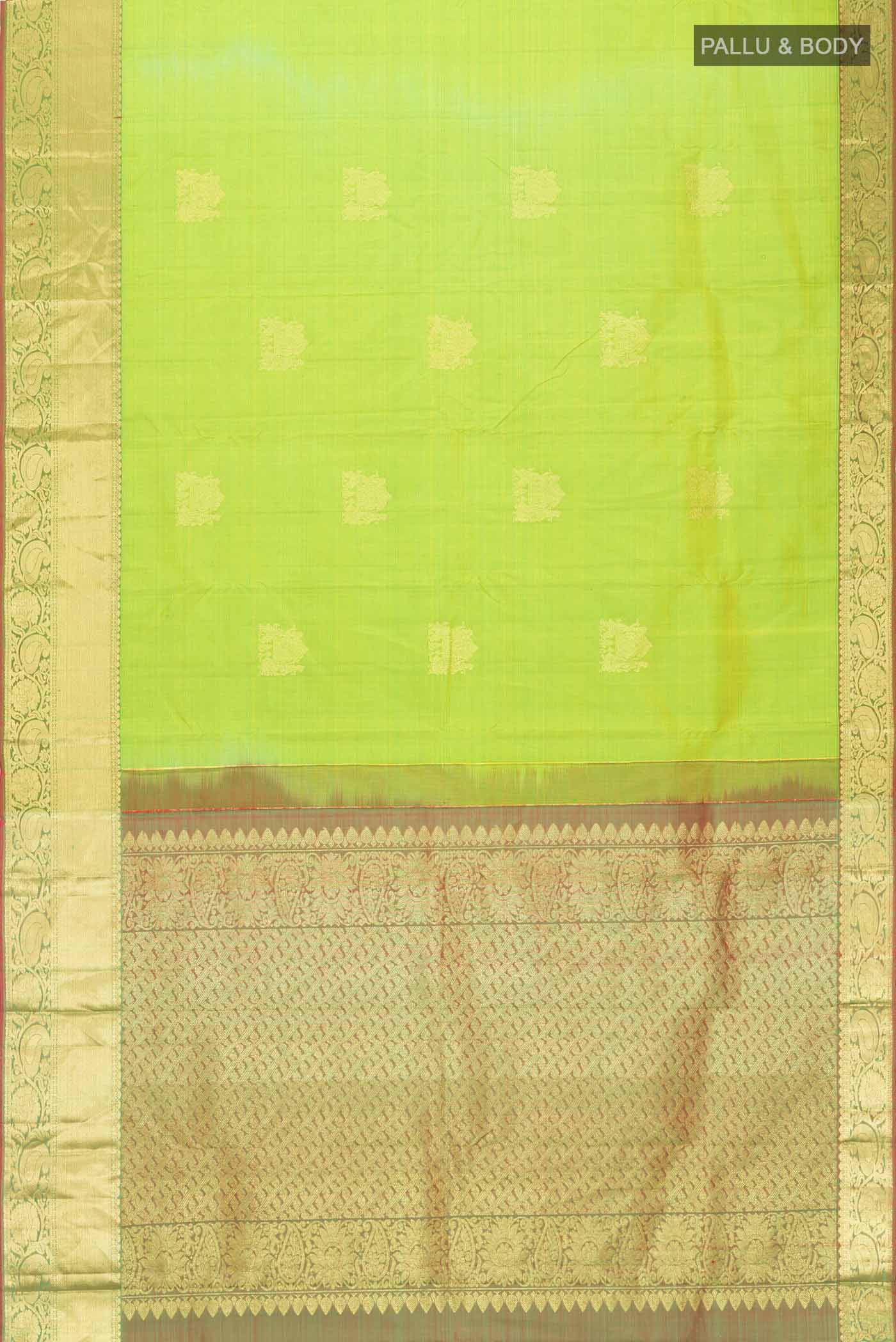 Flat view of Green Kanchipuram Silk Saree with Zari Butta on the body and Zari Border