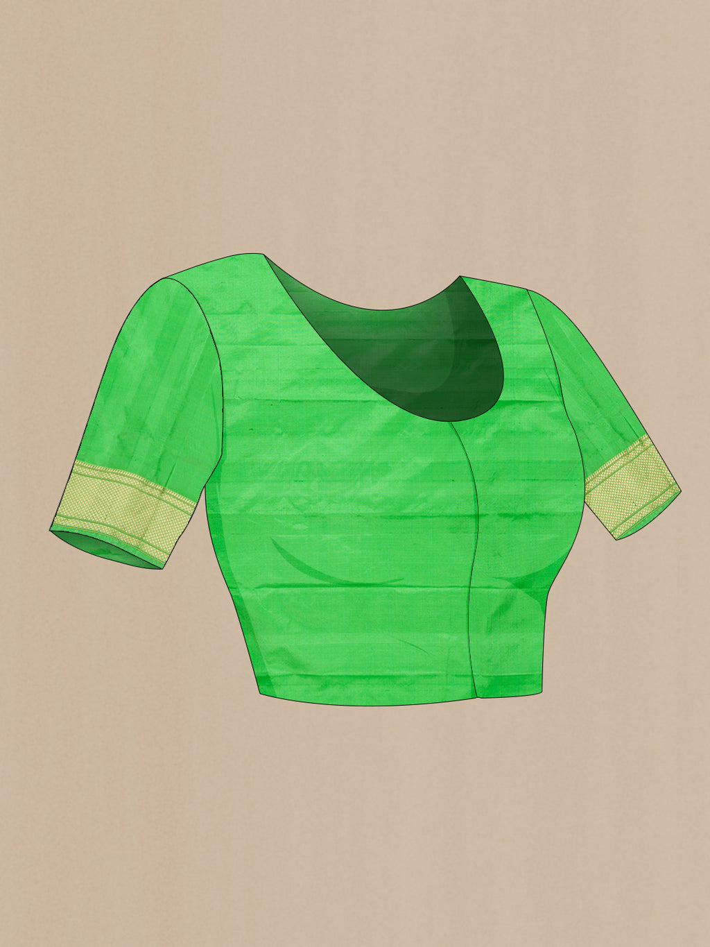 Close up image of the blouse of Green Blended Bangalore Silk Saree with Zari Butta on the body and Zari Border