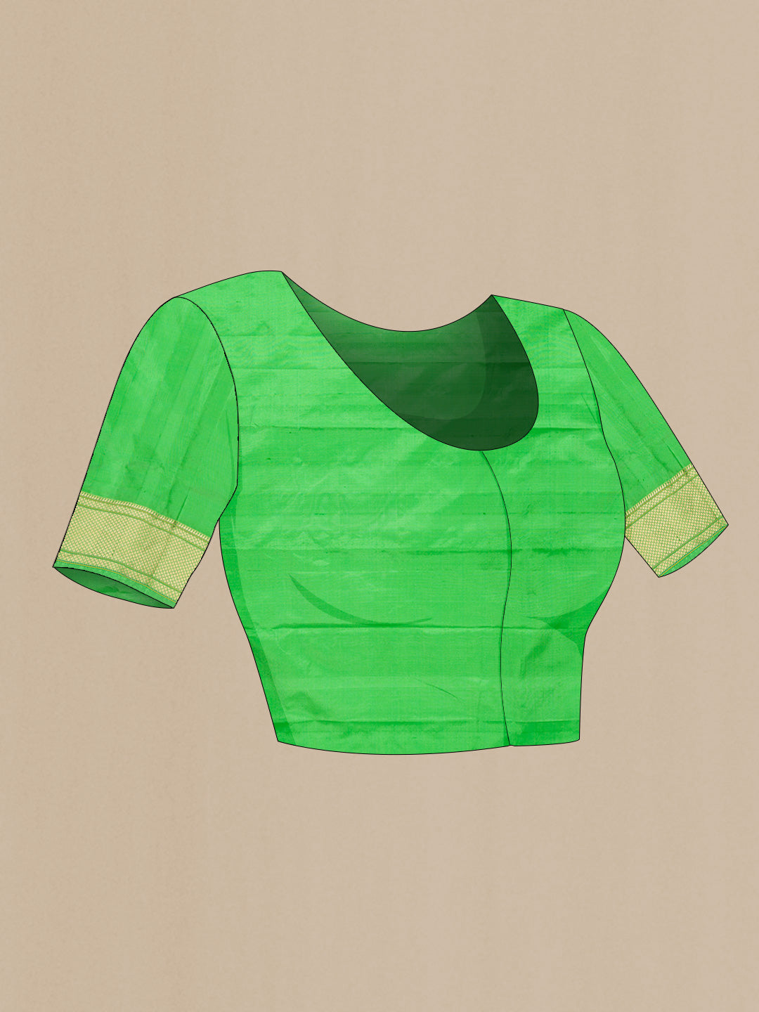 Close up image of the blouse of Green Blended Bangalore Silk Saree with Zari Butta on the body and Zari Border