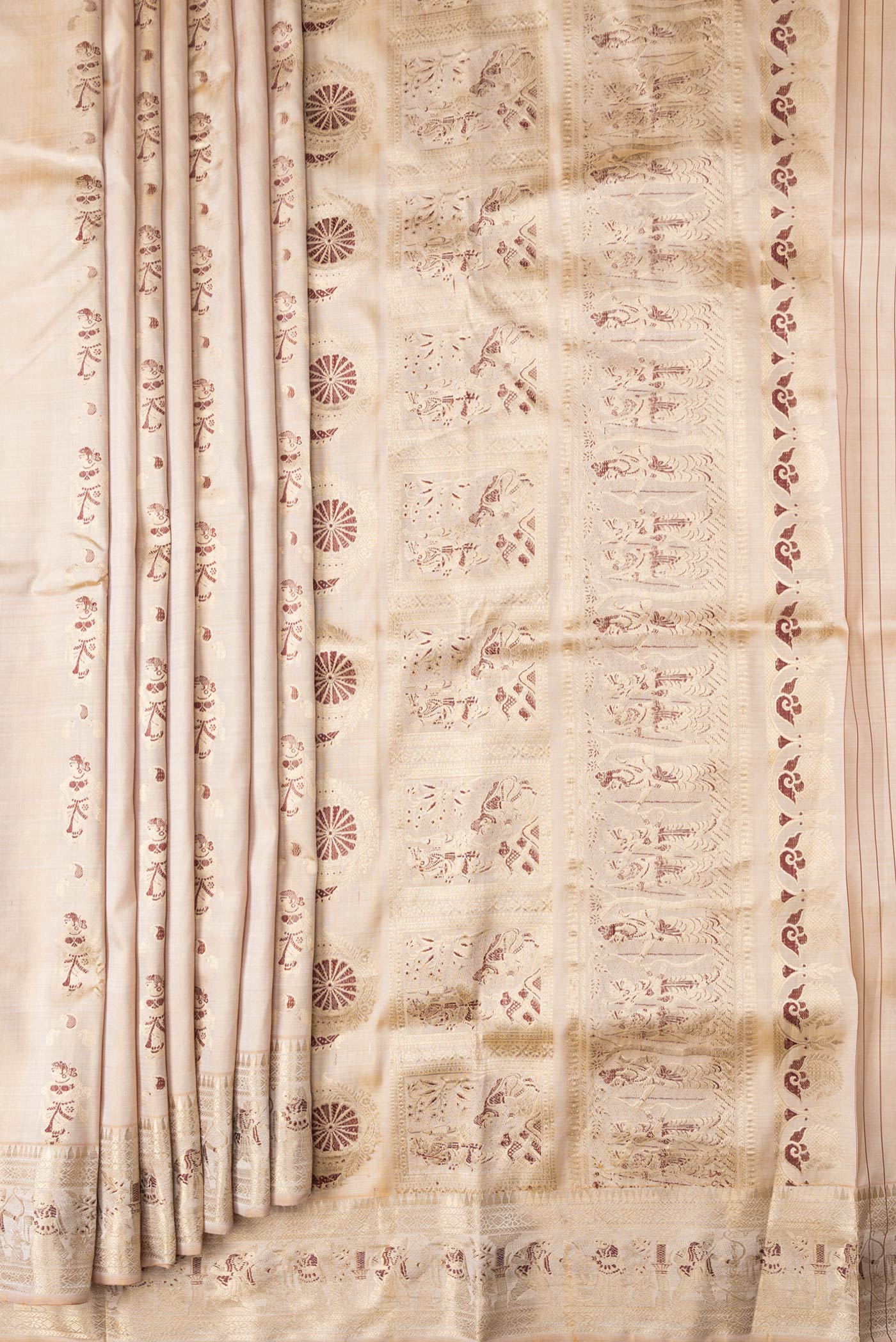Pleats and pallu of Beige Dual Tone Baluchari Silk Saree with Zari And Thread Butta on the body and Fancy Border. 