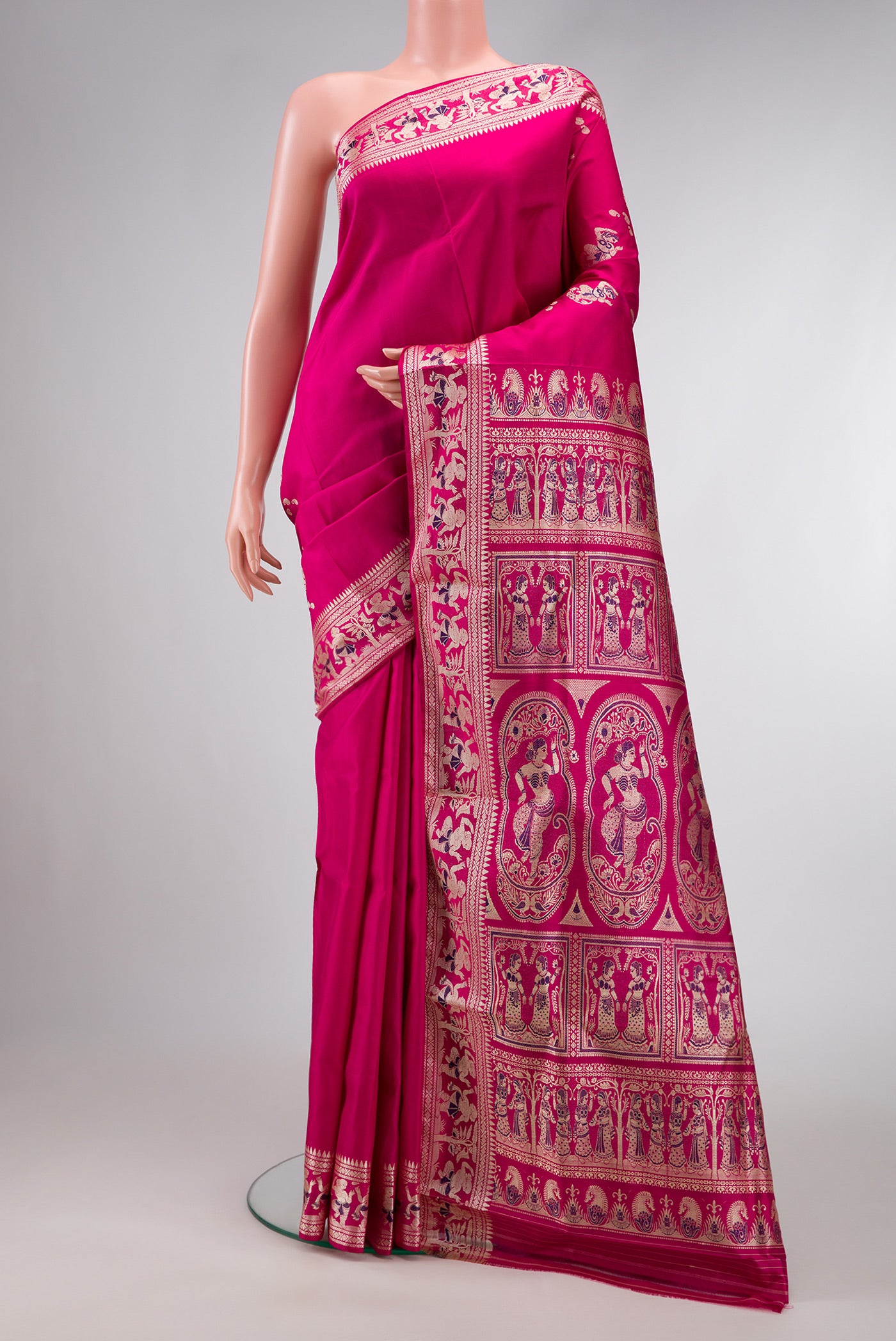 Pink Dual Tone Baluchari Silk Saree with Thread Butta on the body and Thread Border.  displayed on a mannequin