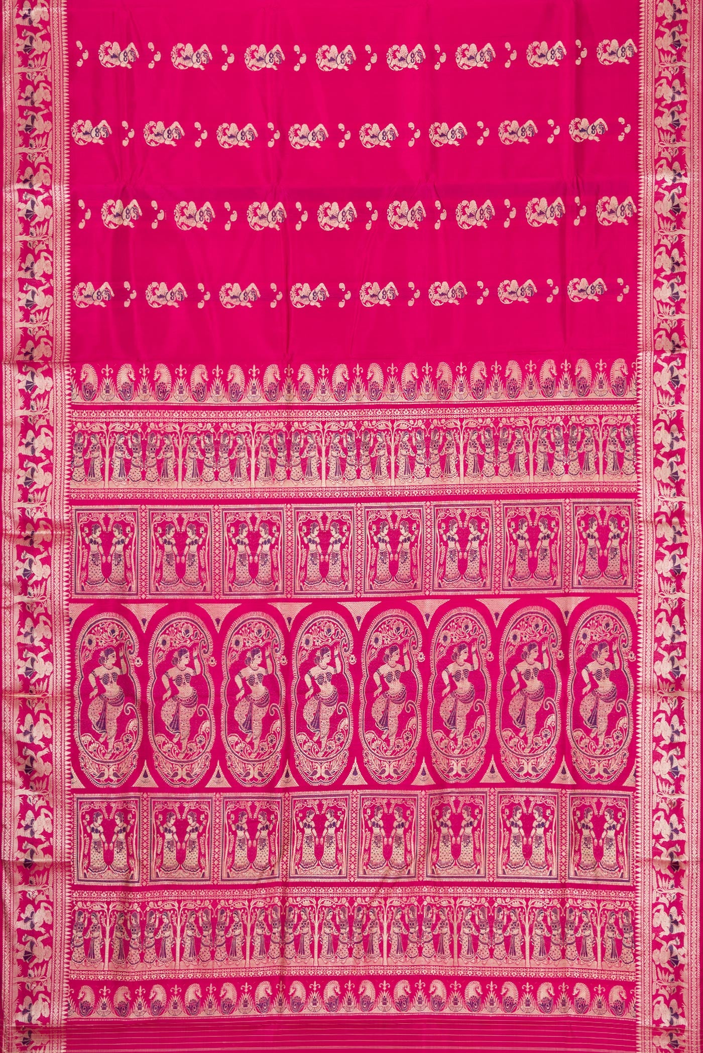 Flat view of Pink Dual Tone Baluchari Silk Saree with Thread Butta on the body and Thread Border. 