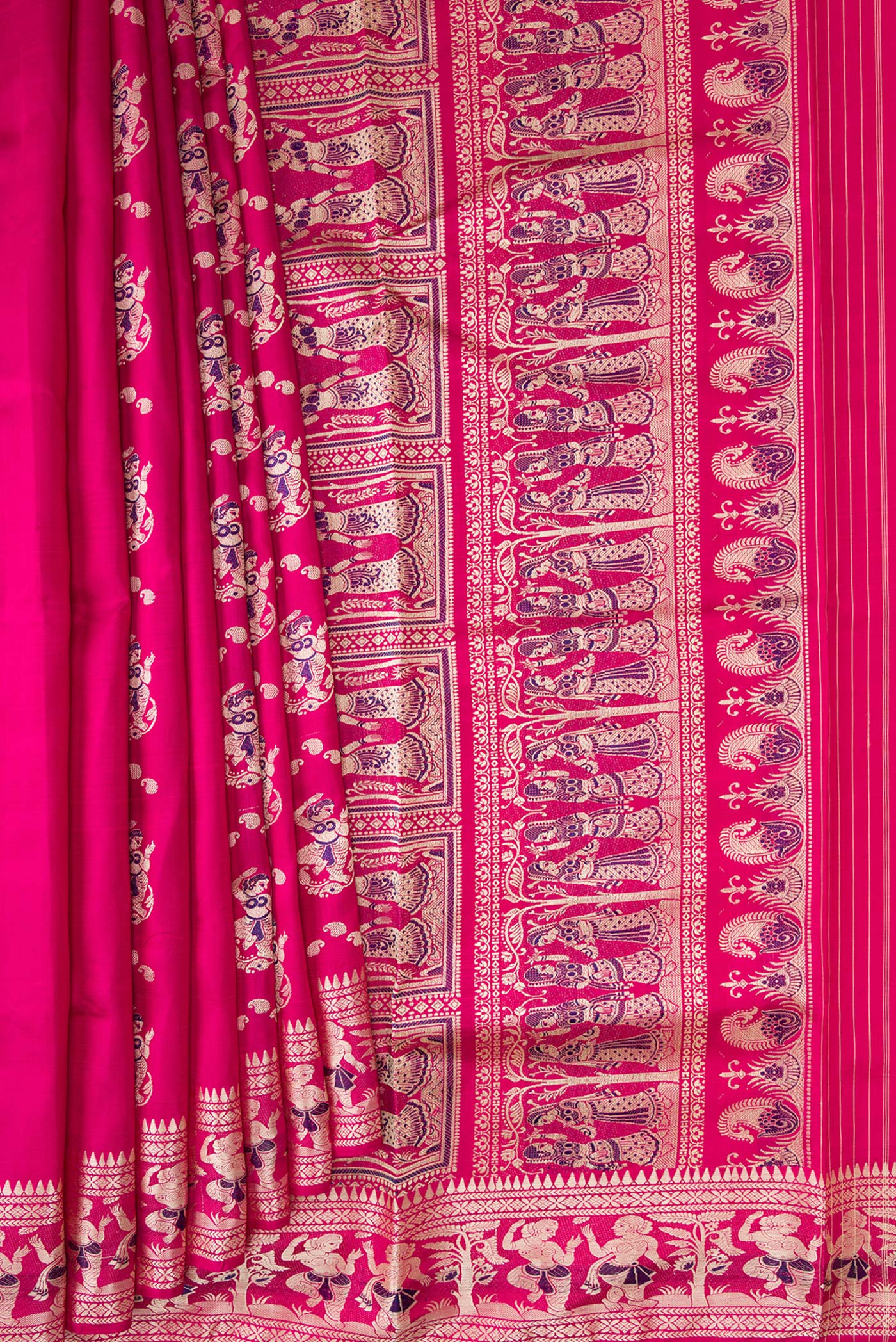 Pleats and pallu of Pink Dual Tone Baluchari Silk Saree with Thread Butta on the body and Thread Border. 