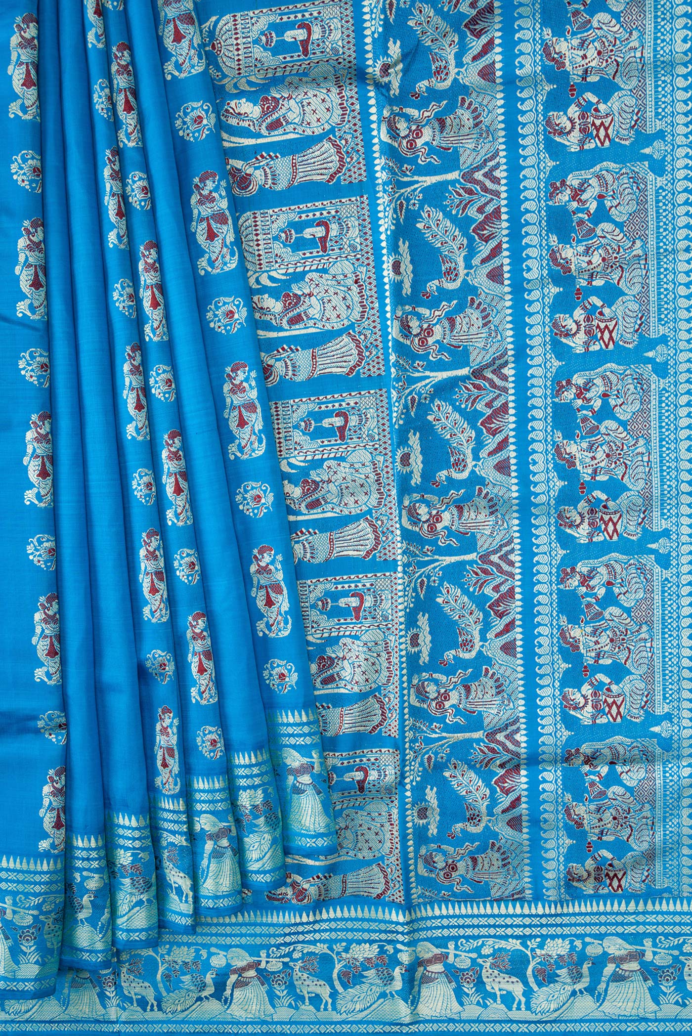 Pleats and pallu of Sky Blue Dual Tone Baluchari Silk Saree with Thread Butta on the body and Thread Border. 