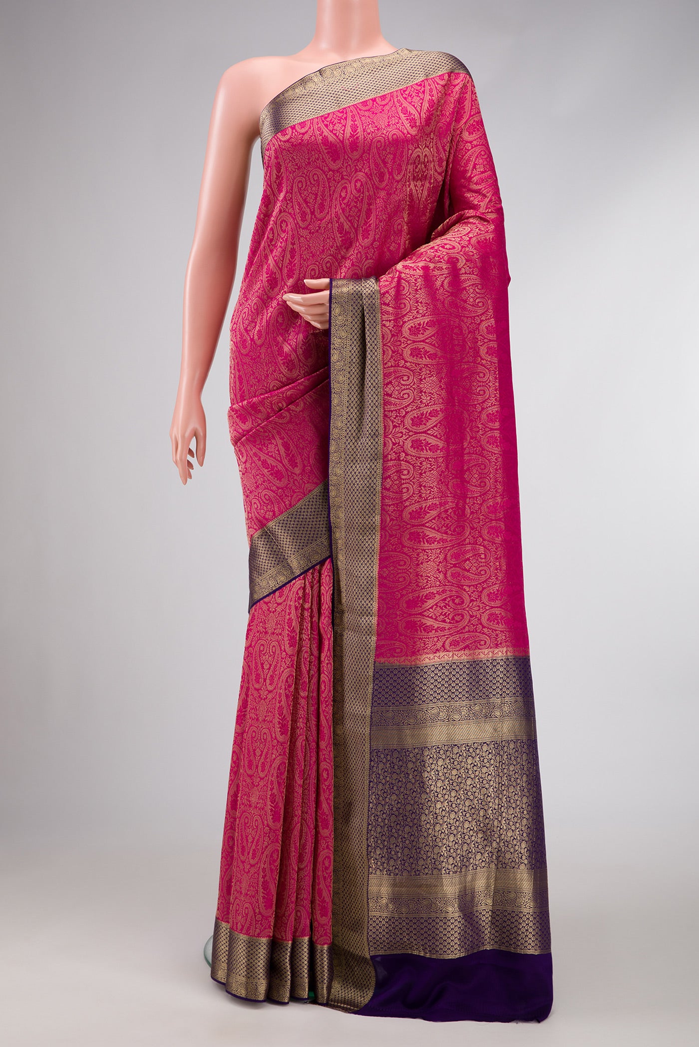 Pink Dual Tone Mysore Silk Saree with Zari Brocade on the body and Zari Border.  displayed on a mannequin