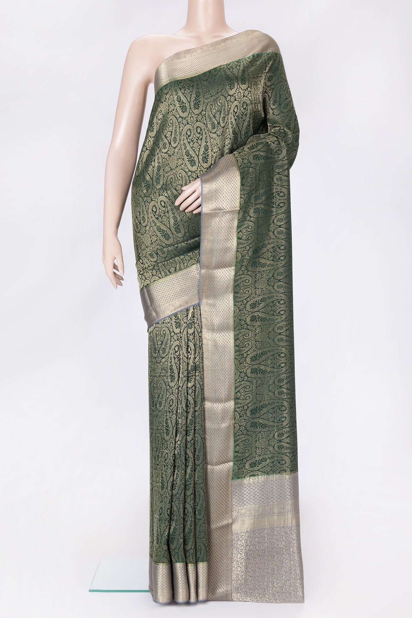 Bottle Green Dual Tone Mysore Silk Saree with Zari Brocade on the body and Zari Border.  displayed on a mannequin