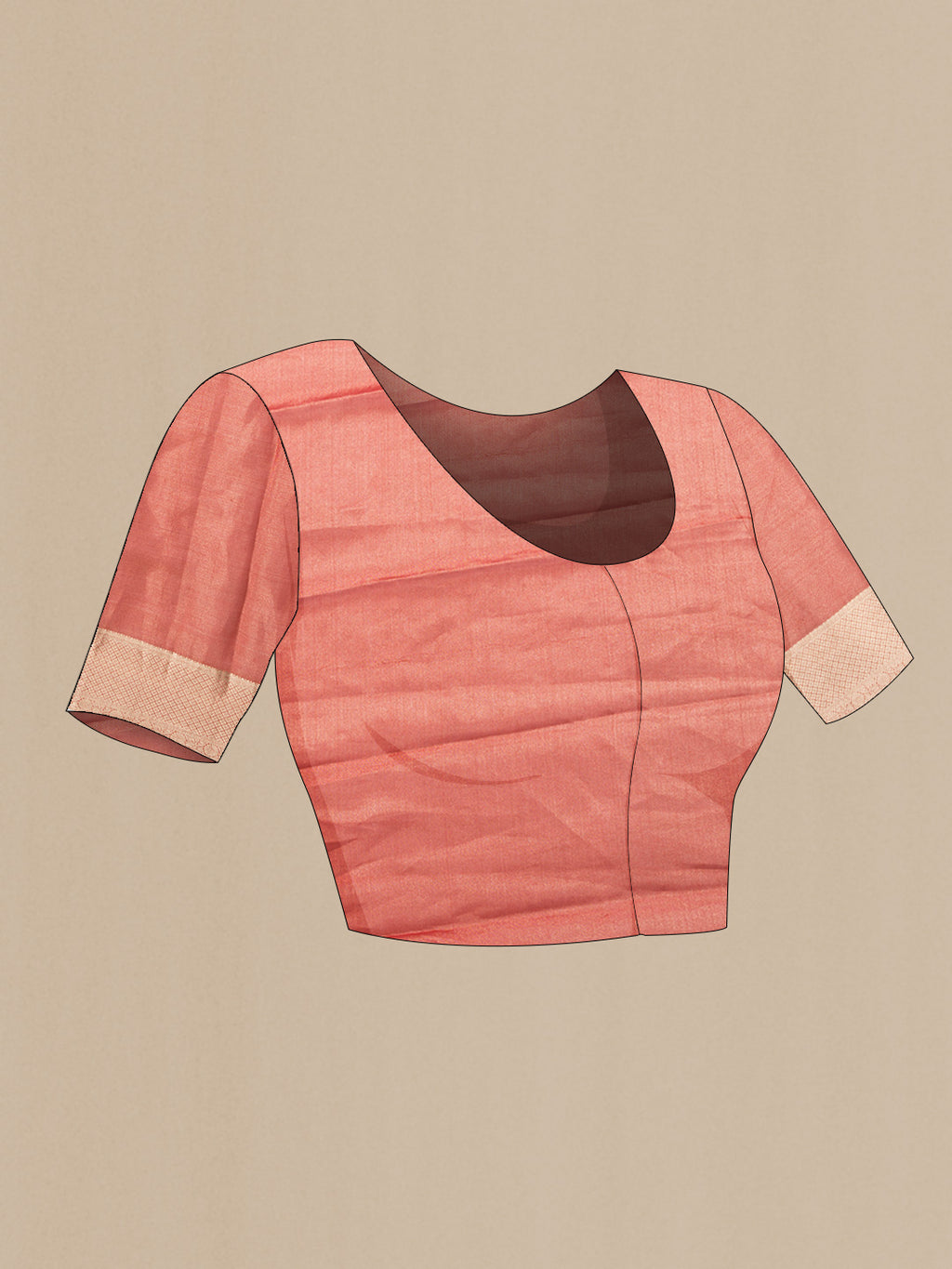 Close up image of the blouse of Golden Peach Dual Tone Tussar Silk Saree with Zari Brocade on the body and Zari Border. 