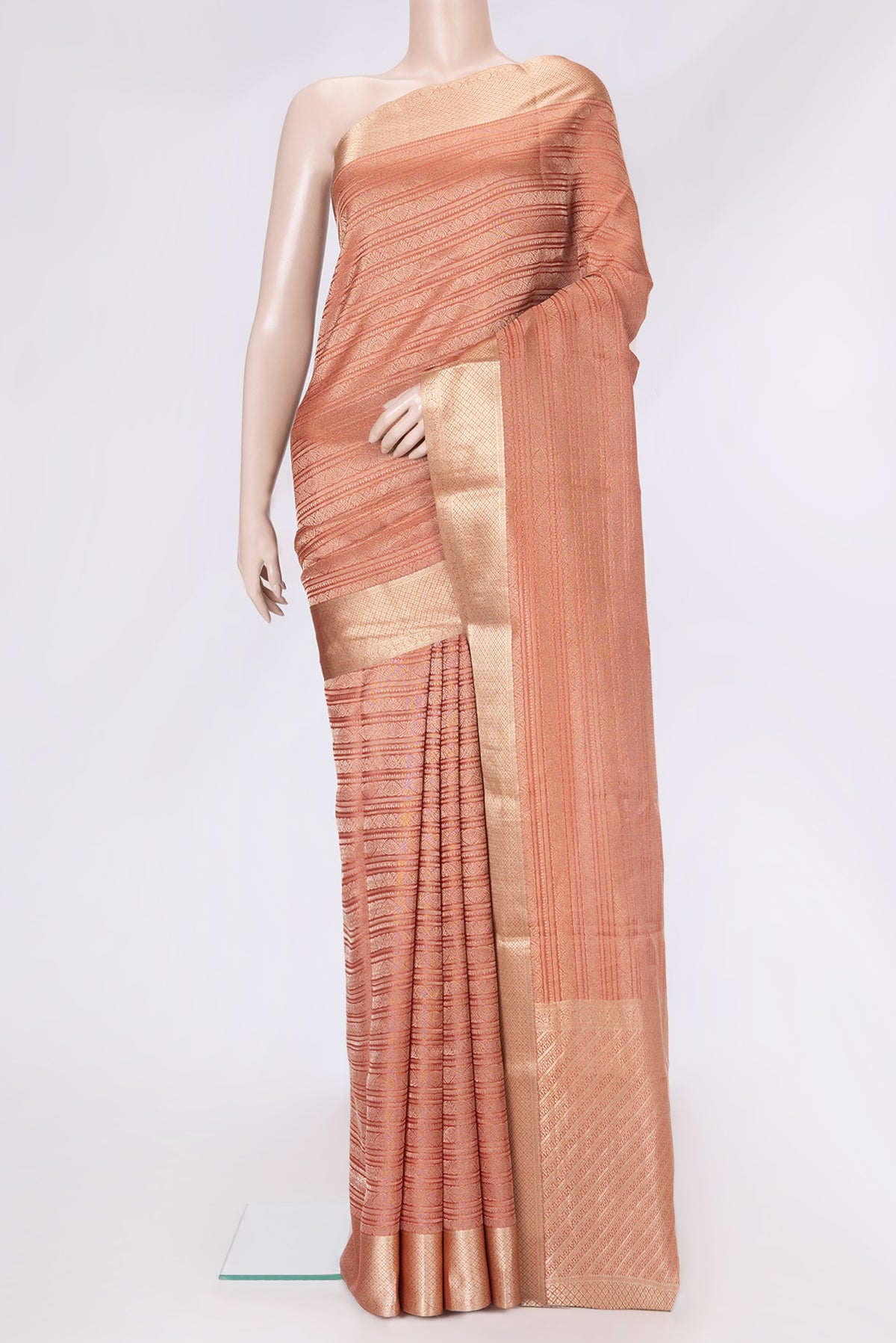 Golden Peach Dual Tone Tussar Silk Saree with Zari Brocade on the body and Zari Border.  displayed on a mannequin