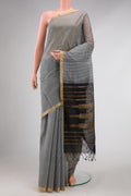 Grey Dual Tone Silk Cotton Saree with Checked design on the body and Zari Border displayed on a mannequin