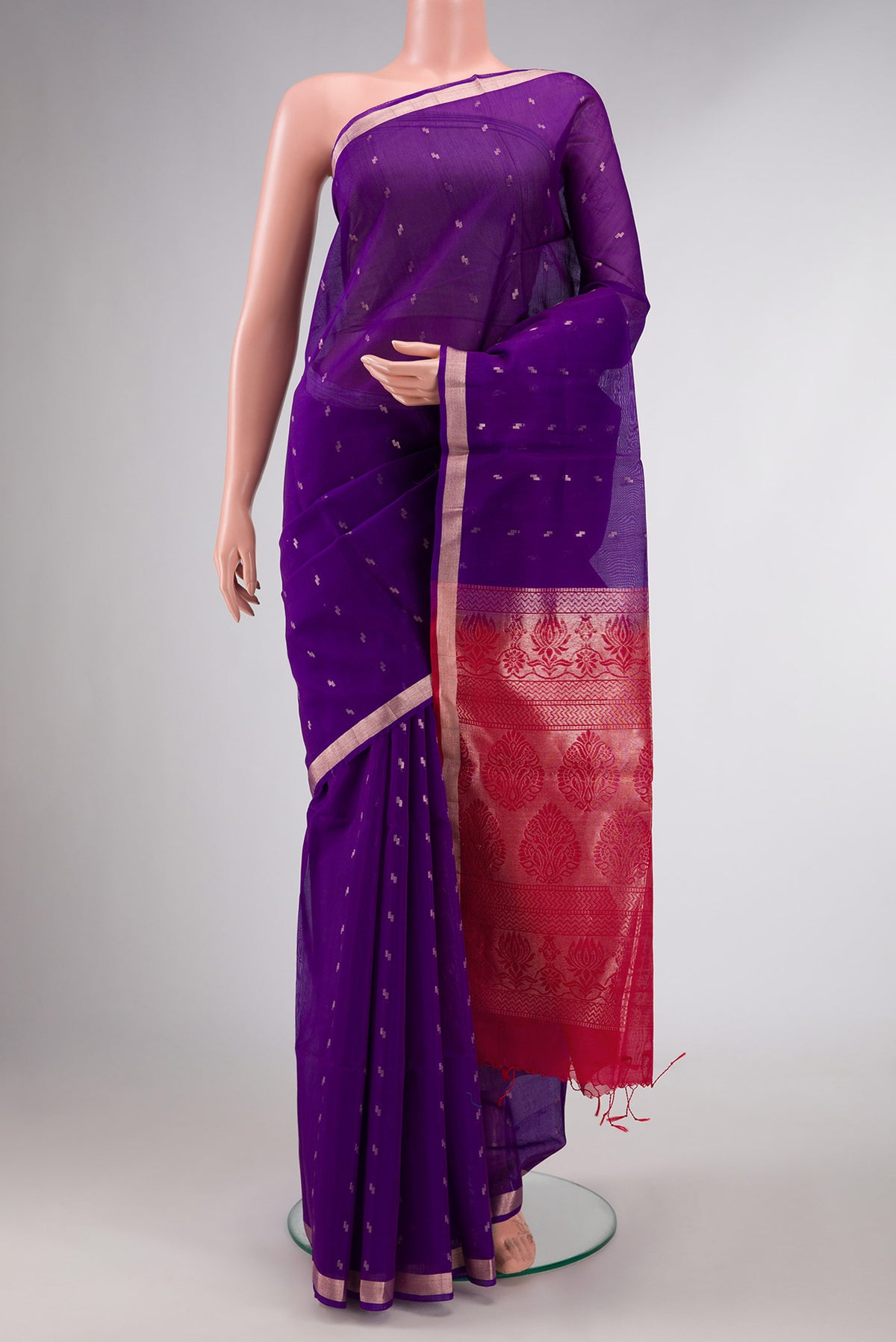 Violet Silk Cotton Saree with Zari Butta on the body and Zari Border displayed on a mannequin