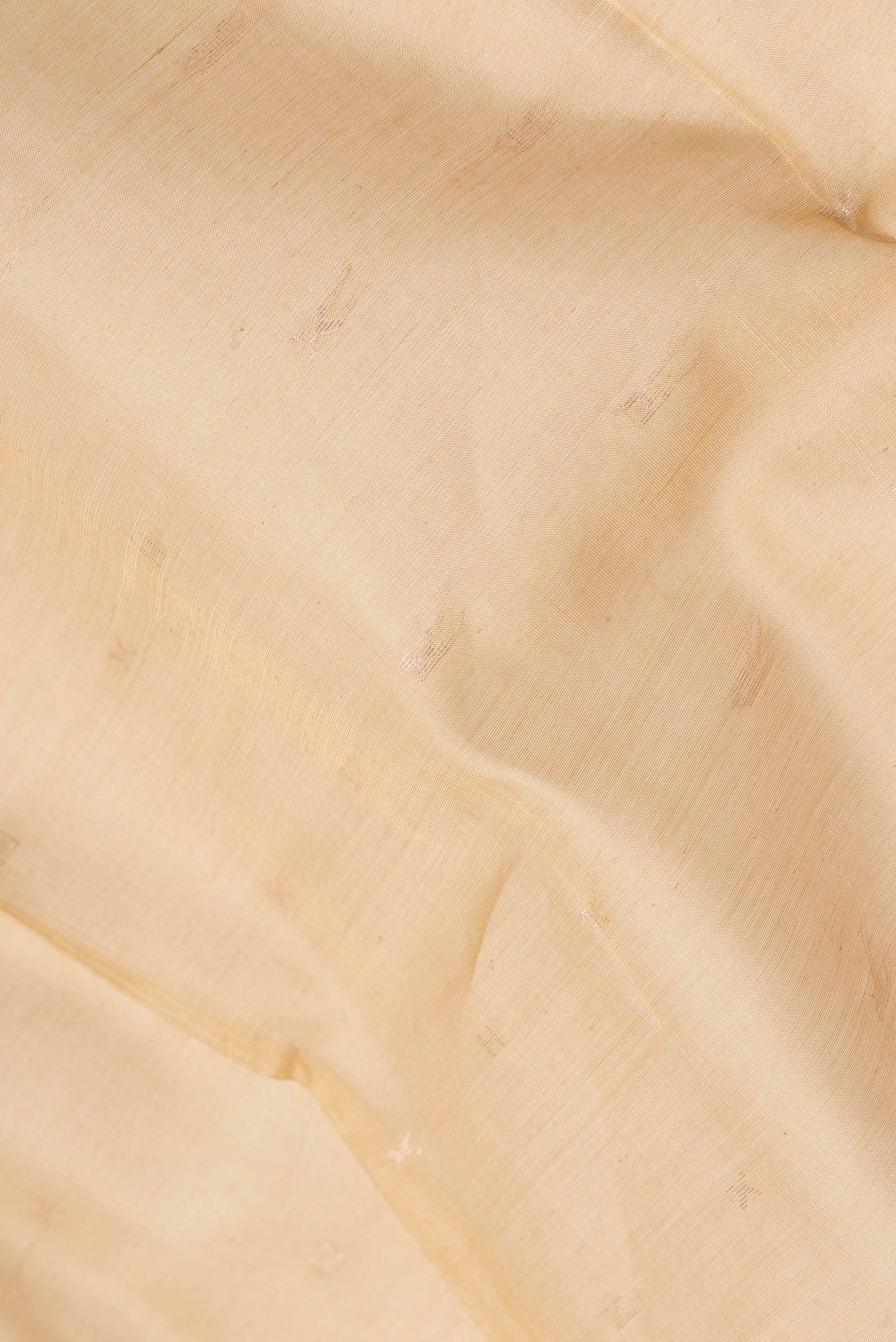 Close up of Beige Silk Cotton Saree with Zari Butta on the body and Zari Border.  displaying folds