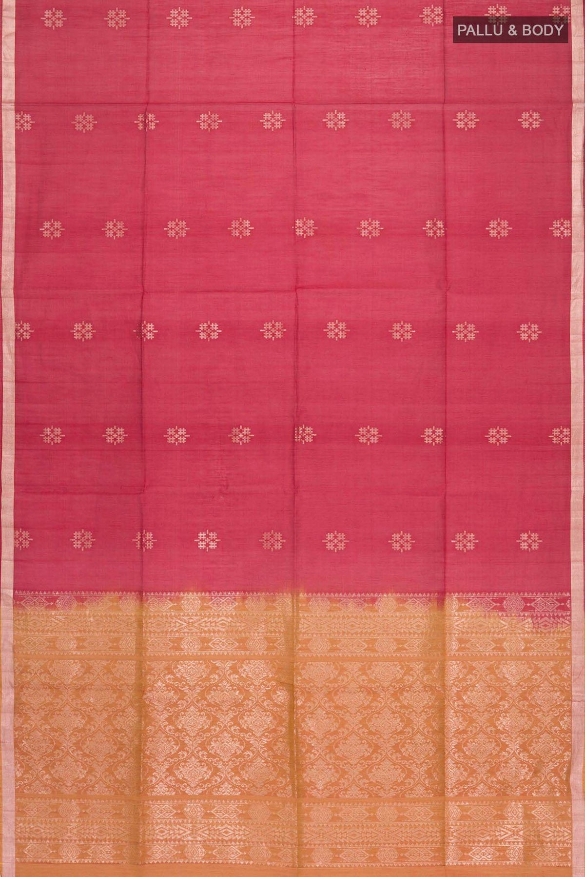 Flat view of Maroon Silk Cotton Saree with Zari Butta on the body and Zari Border