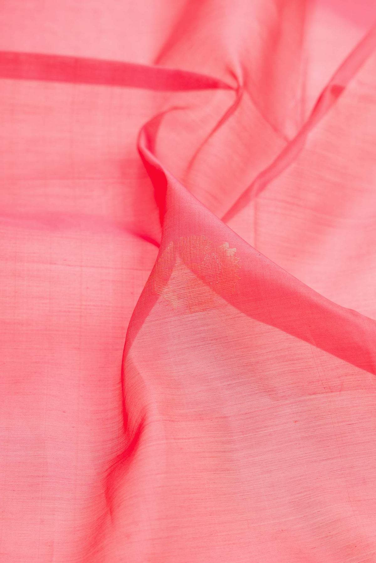 Close up of Golden Peach Dual Tone Silk Cotton Saree with Zari Butta on the body and Zari Border displaying folds