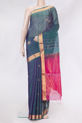 Peacock Blue Dual Tone Silk Cotton Saree with Zari Butta on the body and Zari Border.  displayed on a mannequin
