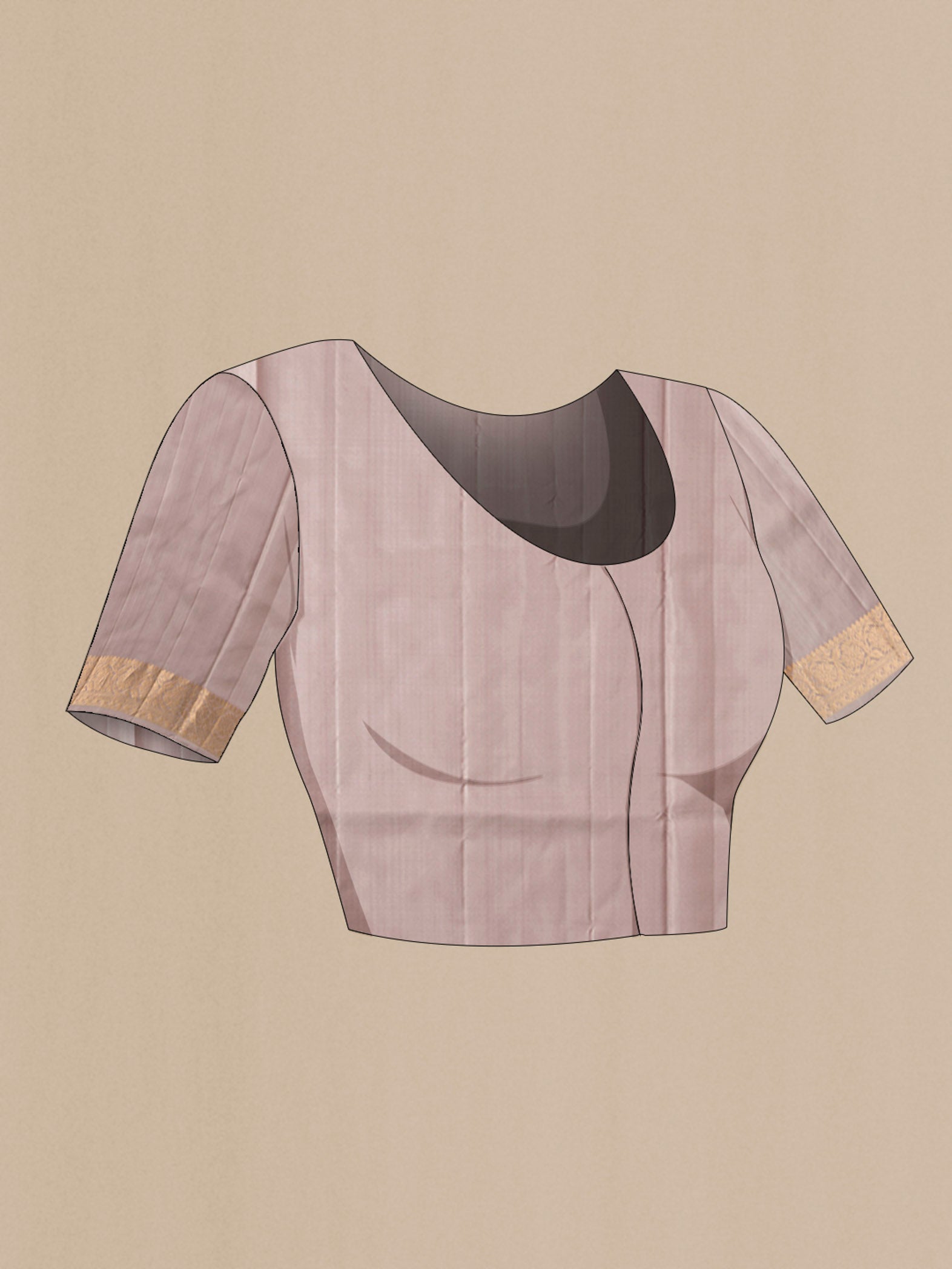 Close up image of the blouse of Grey Soft Silk Saree with Zari Butta on the body and Zari Border