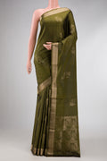 Mehandi Green Dual Tone Soft Silk Saree with Zari Butta on the body and Zari Border.  displayed on a mannequin
