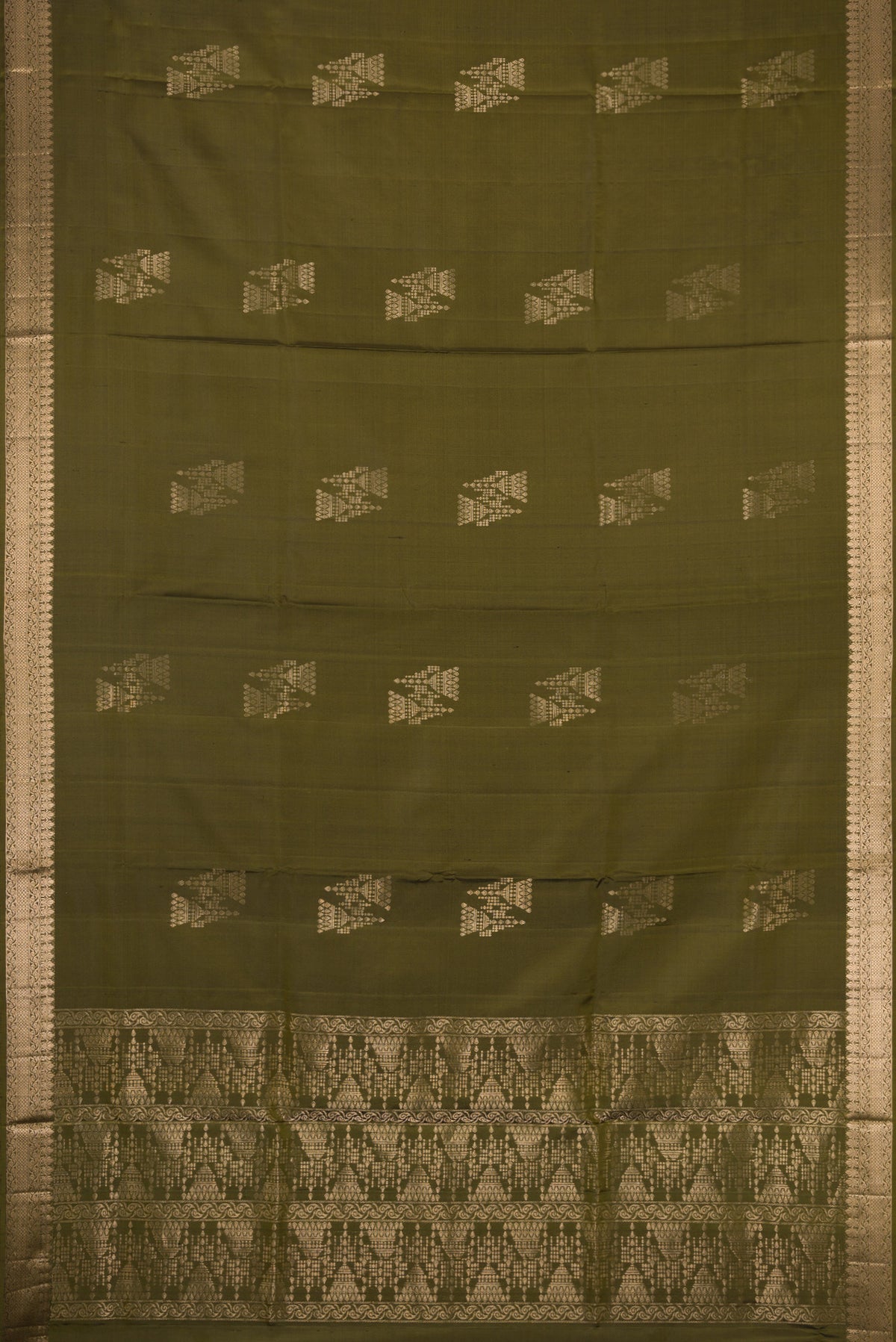 Flat view of Mehandi Green Dual Tone Soft Silk Saree with Zari Butta on the body and Zari Border. 