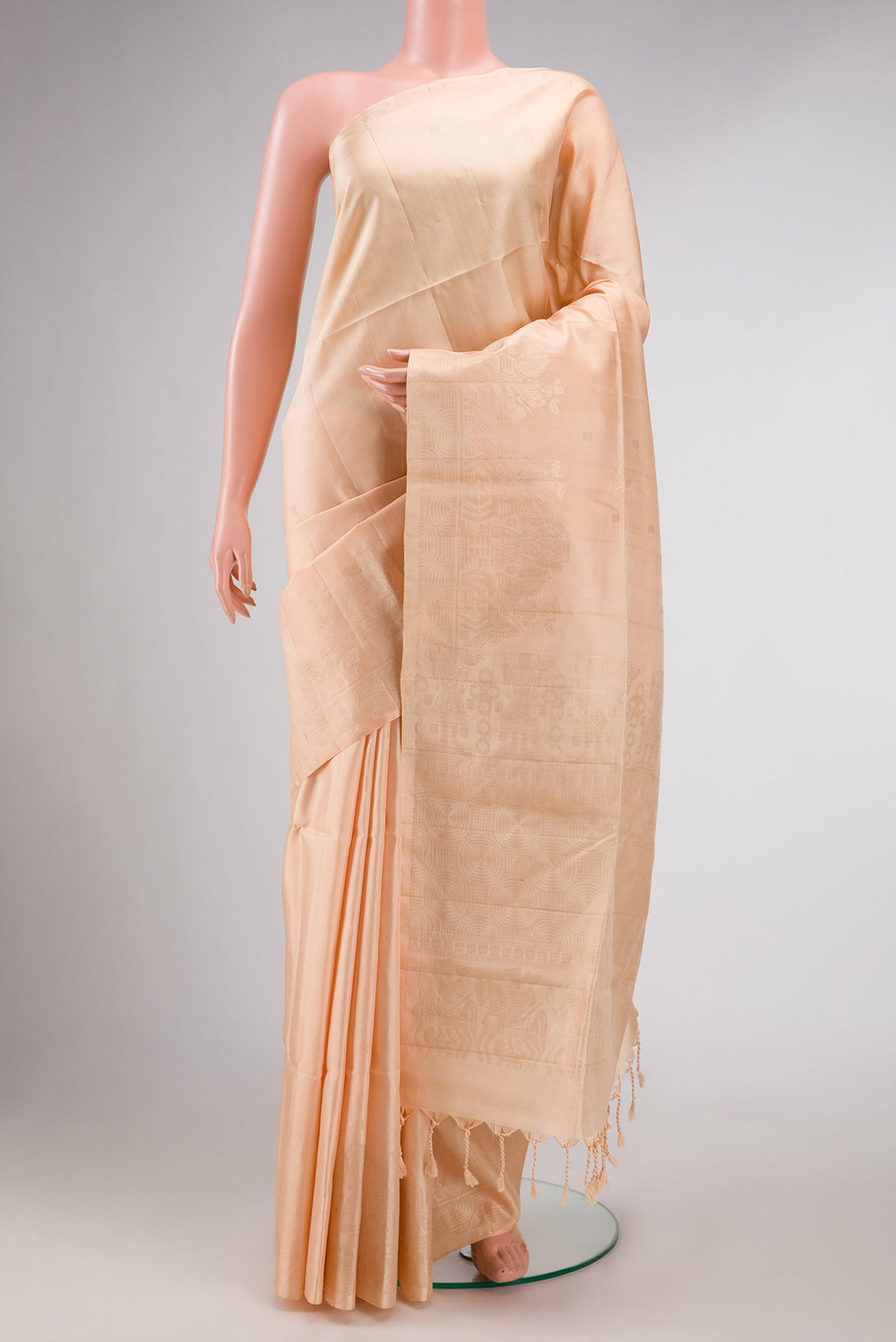 Sandal Dual Tone Soft Silk Saree with Zari Butta on the body and Fancy Border displayed on a mannequin