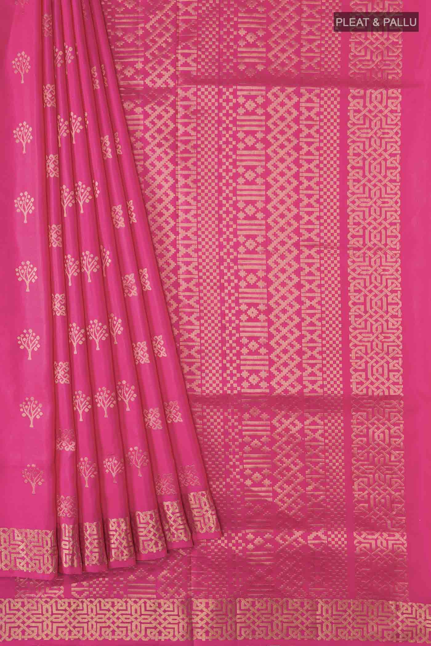 Pleats and pallu of Pink Soft Silk Saree with Zari Butta on the body and Zari Border
