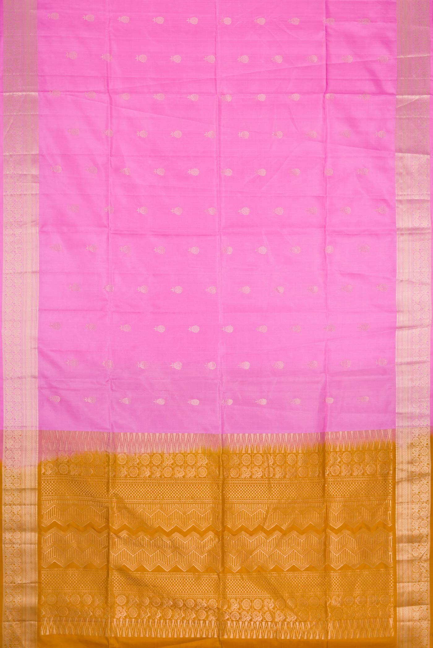 Flat view of Rose pink Soft Silk Saree with Zari Butta on the body and Zari Border