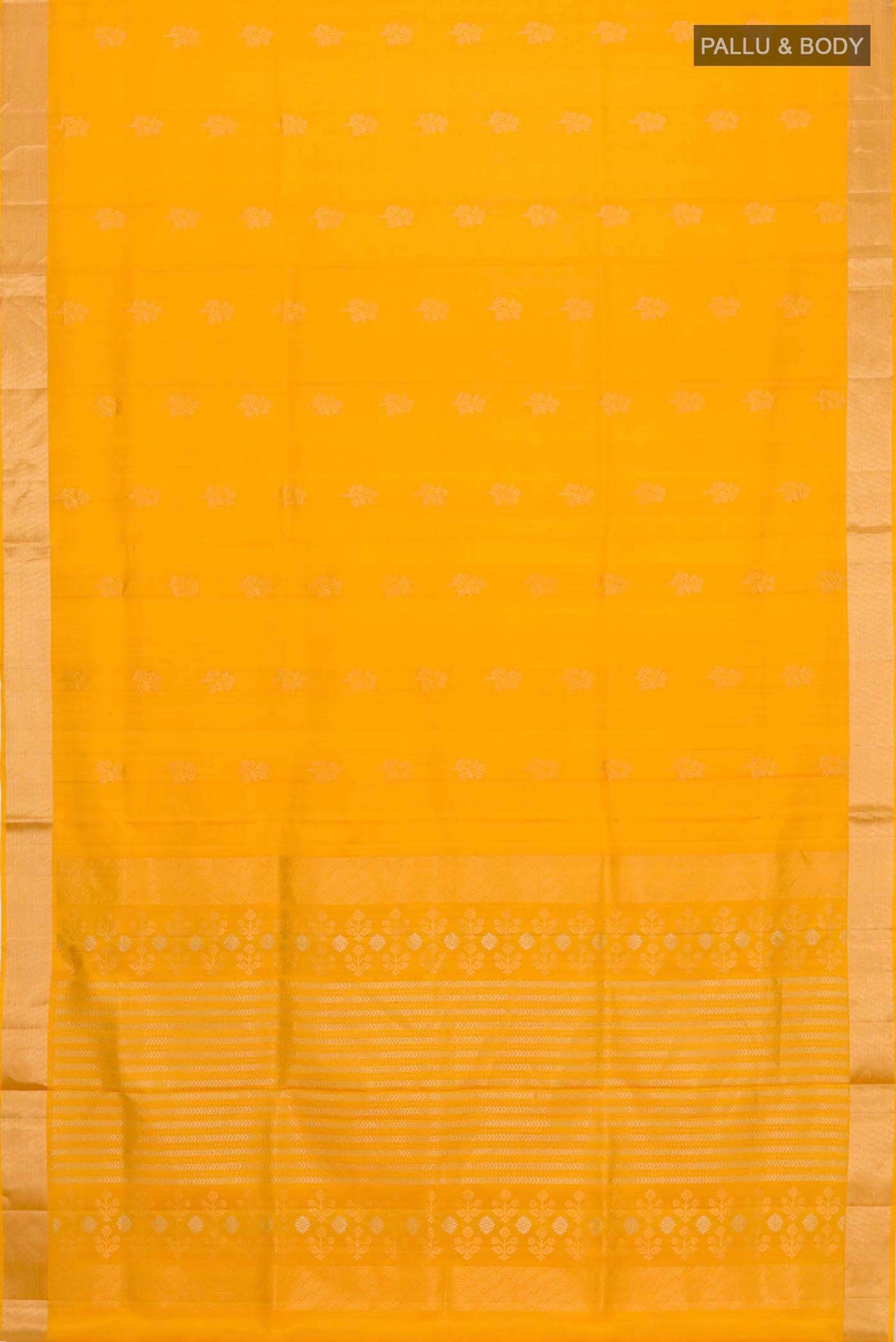 Flat view of Yellow Soft Silk Saree with Zari Butta on the body and Zari Border