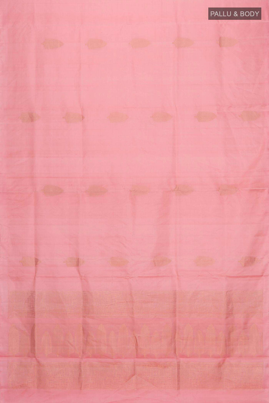 Flat view of Rose pink Soft Silk Saree with Zari Butta on the body and Without Border