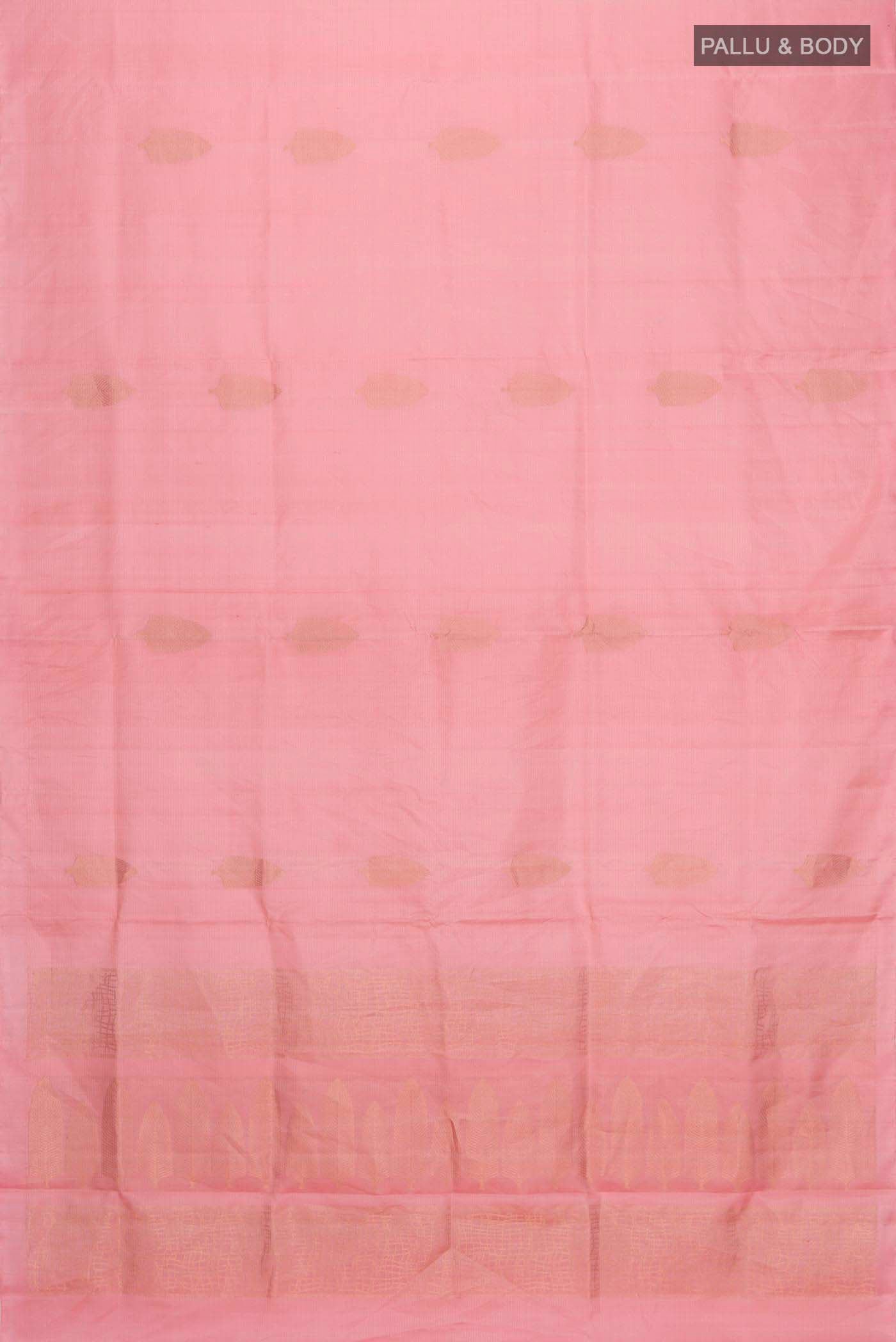 Flat view of Rose pink Soft Silk Saree with Zari Butta on the body and Without Border