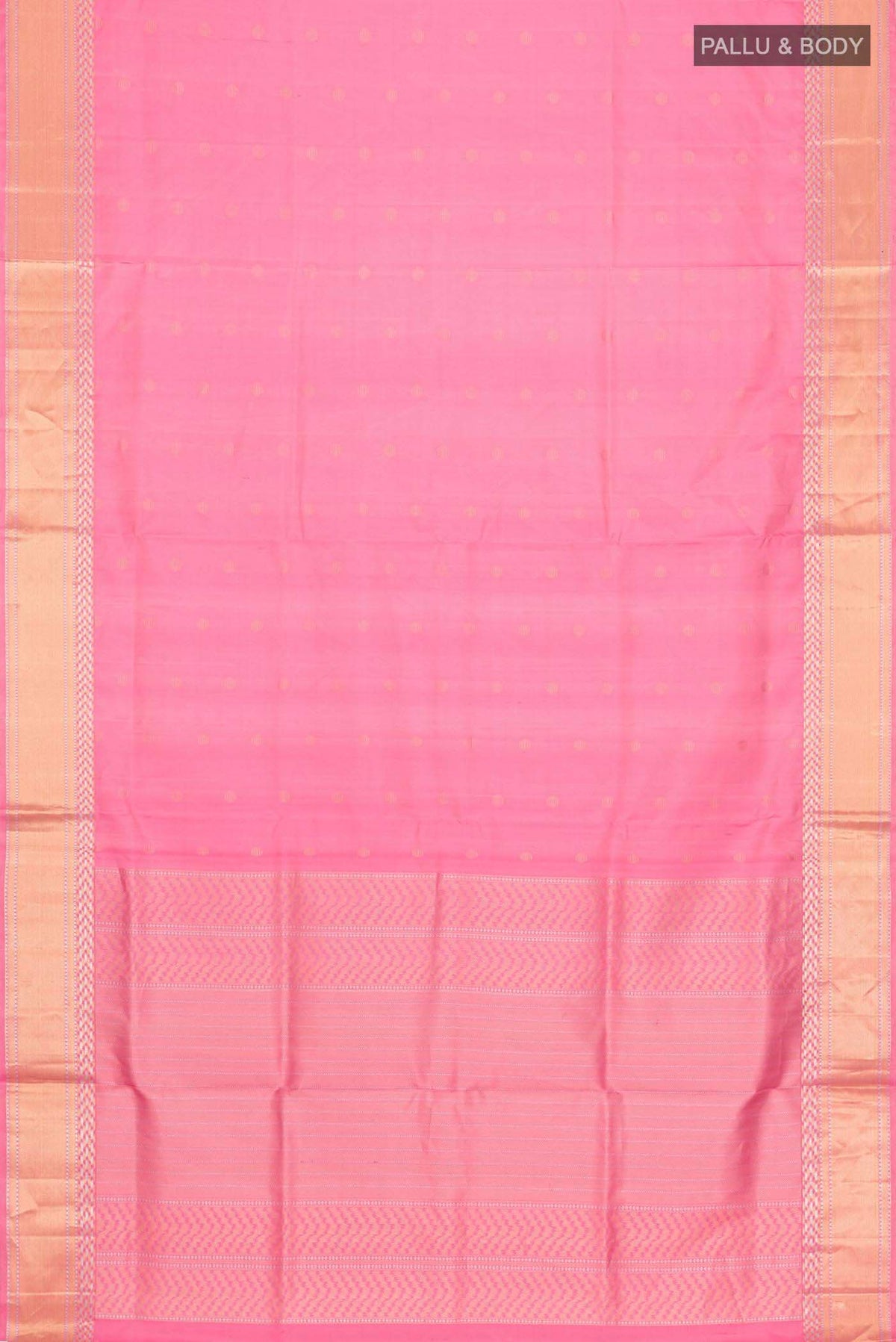 Flat view of Pink Soft Silk Saree with Zari Butta on the body and Zari Border