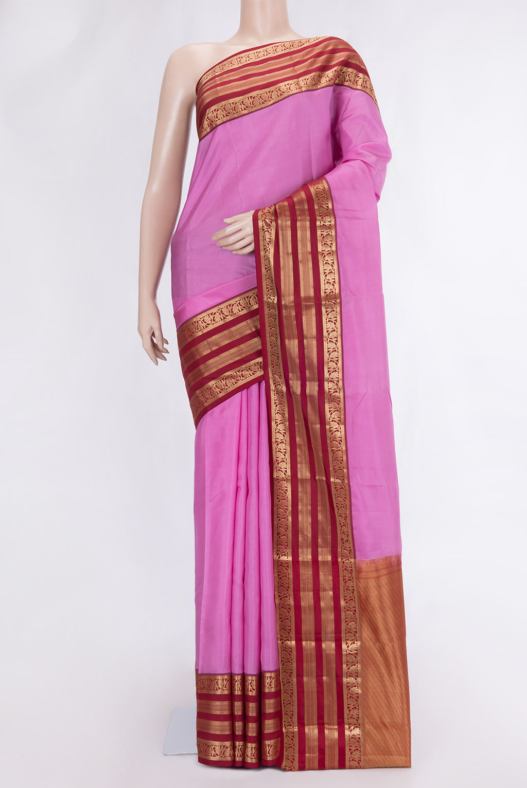 Pink Dual Tone Kanchipuram Silk Saree with Zari Butta on the body and Zari Border.  displayed on a mannequin